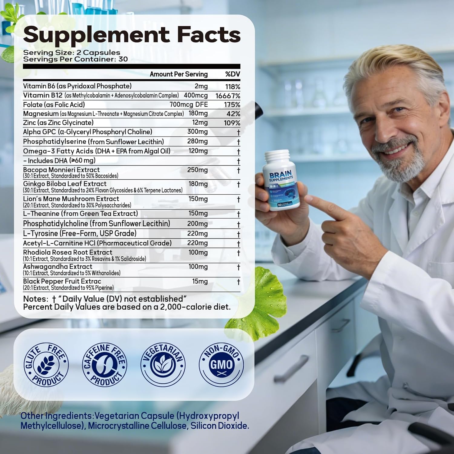 18-in-1 Brain Supplement for Memory and Focus – Nootropic Capsules with Alpha GPC, Bacopa, Ginkgo Biloba, Lion's Mane, Vitamin B6 & B12 | Cognitive Health, Mental Clarity | Vegan, Non-GMO - Image 8