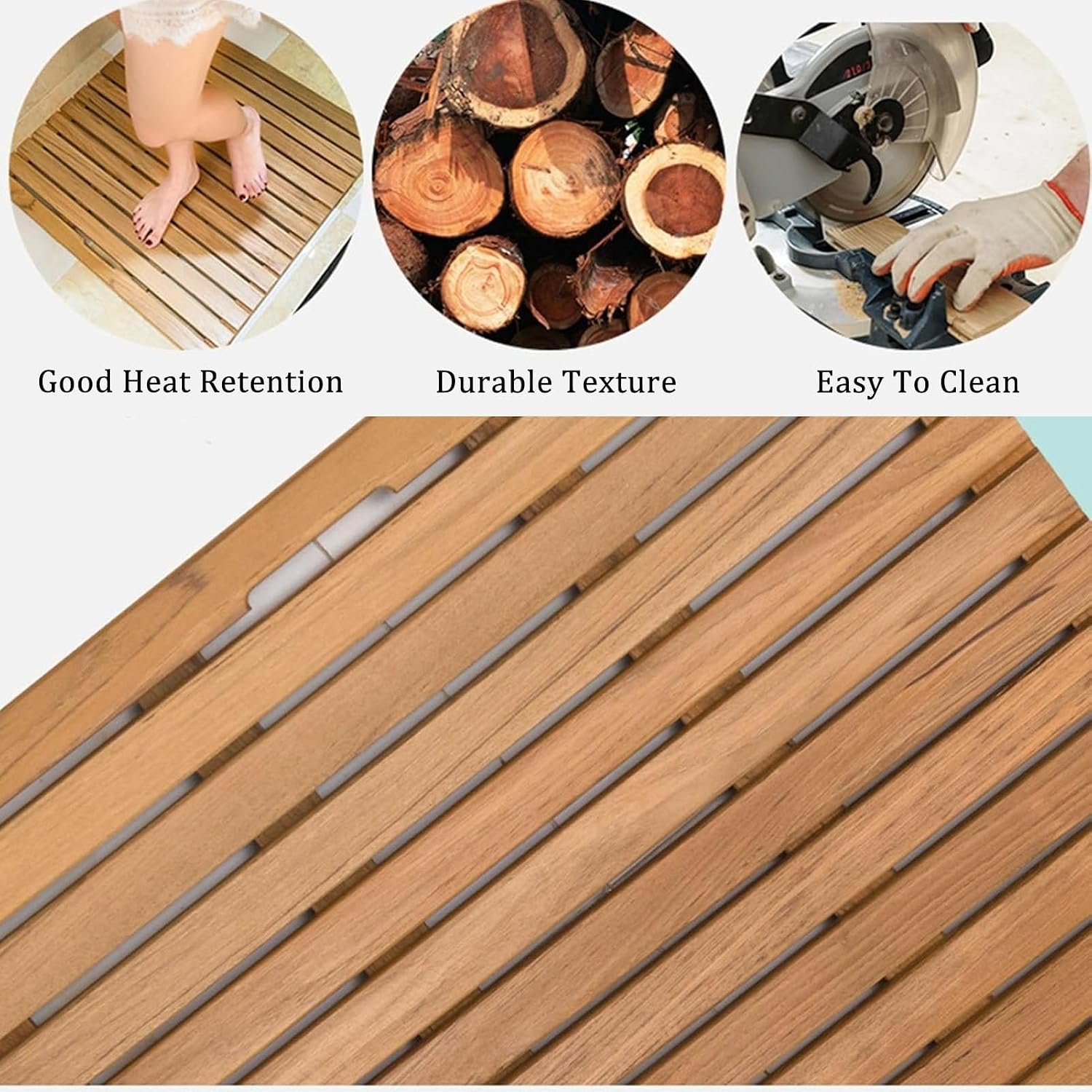 Square Teak Shower Floor Mat, Solid Wooden Bath Mat with Non-Slip Feet, Large Slated Platform for Yard Patio/Spa/Sauna/Rv Hot Tub Footrest(40x80cm/15.7x31.5in)