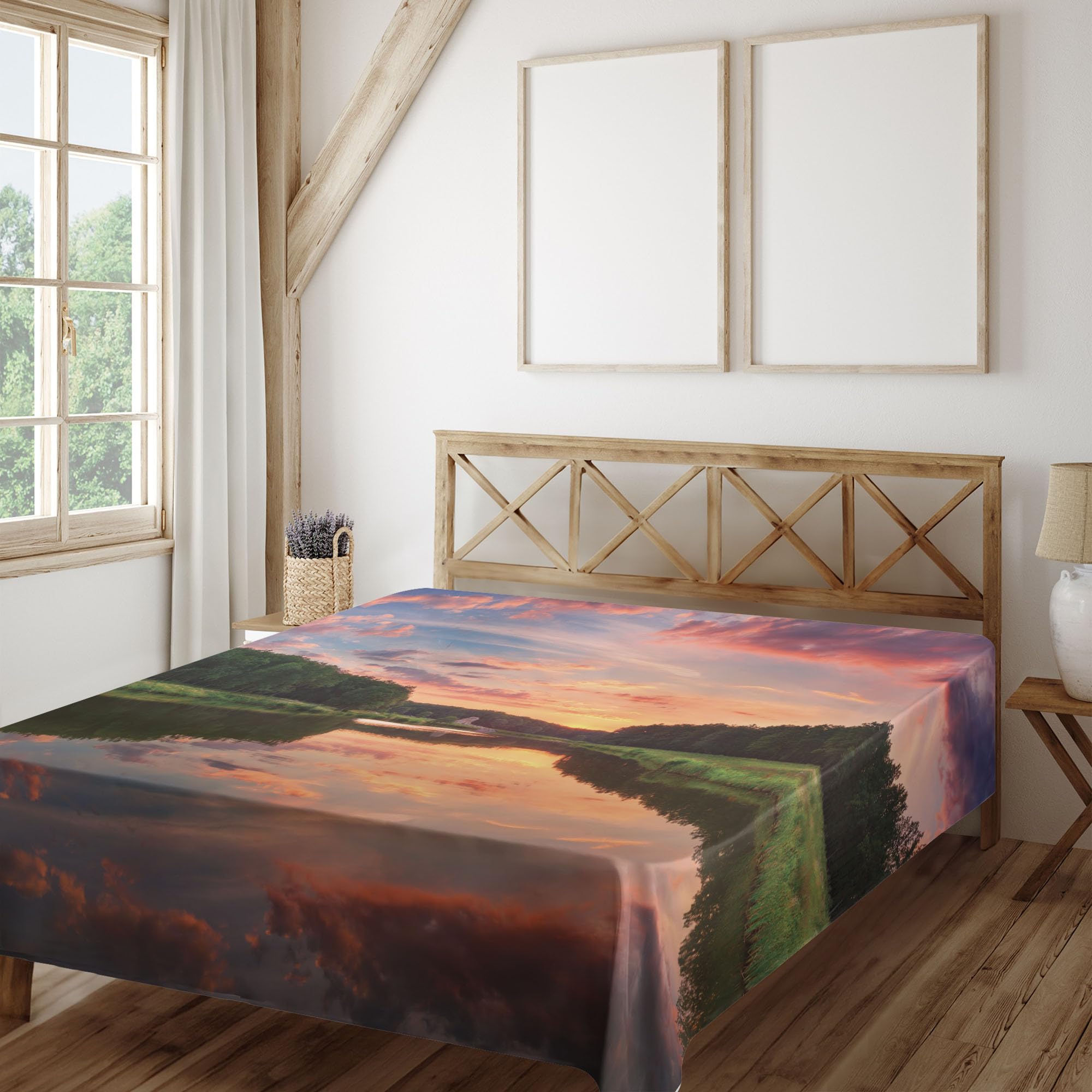 Ambesonne Americana Flat Sheet, Forest Park in Ukraine Scenic Panorama with Water Reflection Picture Print, Soft and Comfortable Top Sheet Decorative Bedding 1 Piece, Full Size, Coral Green Blue