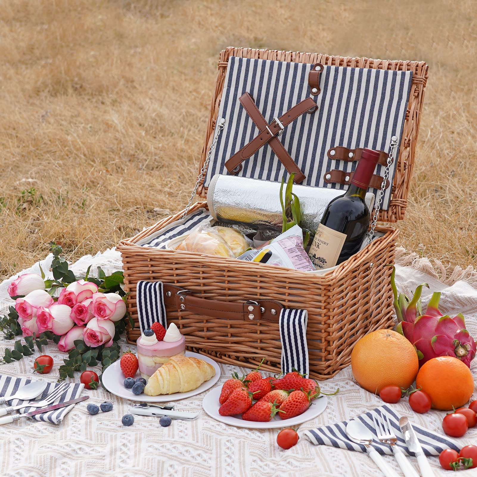 Cesta de pícnic para 2 personas, juego de cestas de pícnic de mimbre hechas a mano con nevera isotérmica y juego de cubiertos, cesta de regalo para parejas, Día de San Valentín, Día de Acción de