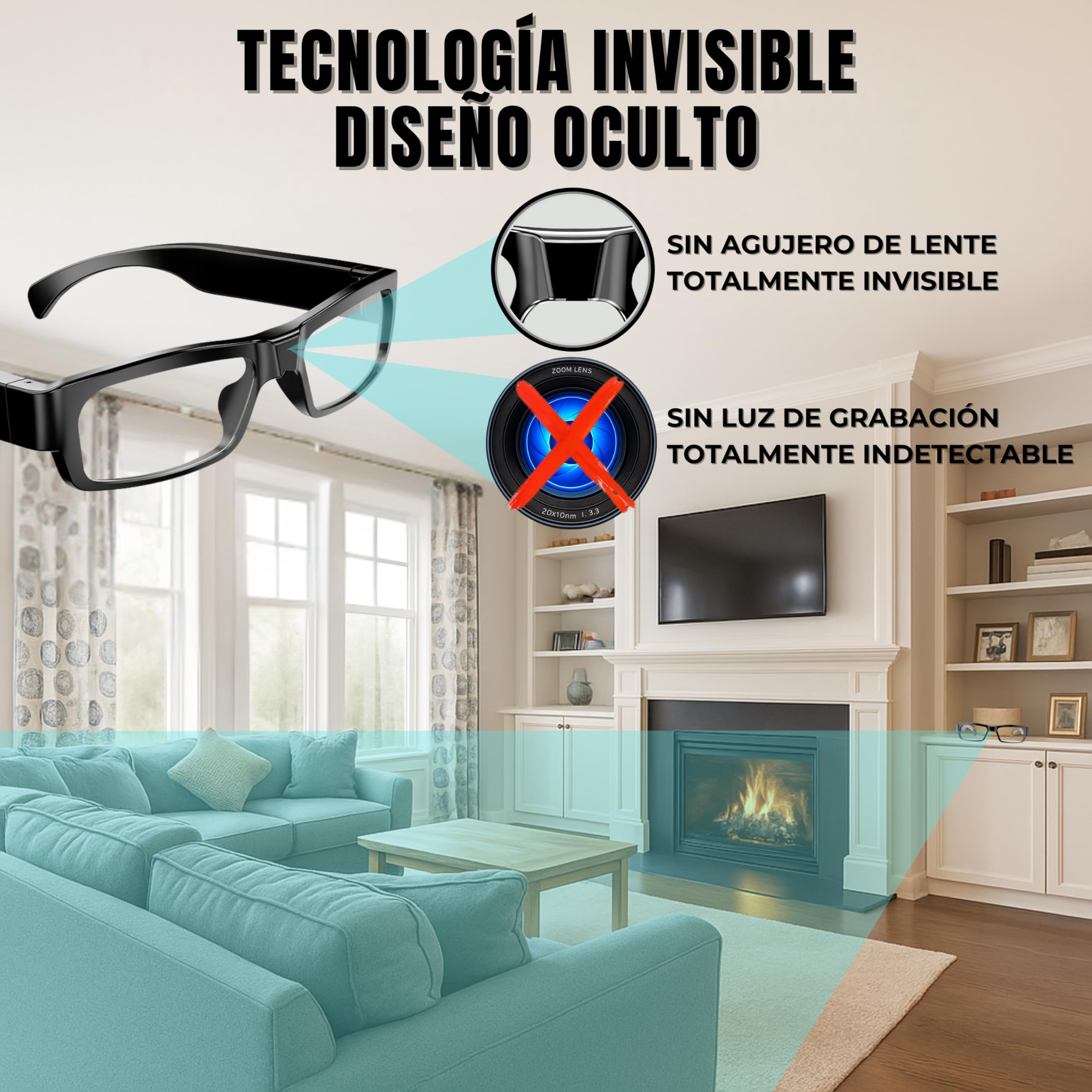 Mini Camara Espia Oculta Camuflada, Gafas con Camara Sin AGUJERO DE LENTE, FULL PACK (MicroSD 64GB C10 + Lector + OTG Type-C para Ver en el Móvil + Funda), Sin LUZ DE GRABACIÓN, Grabación en Bucle.