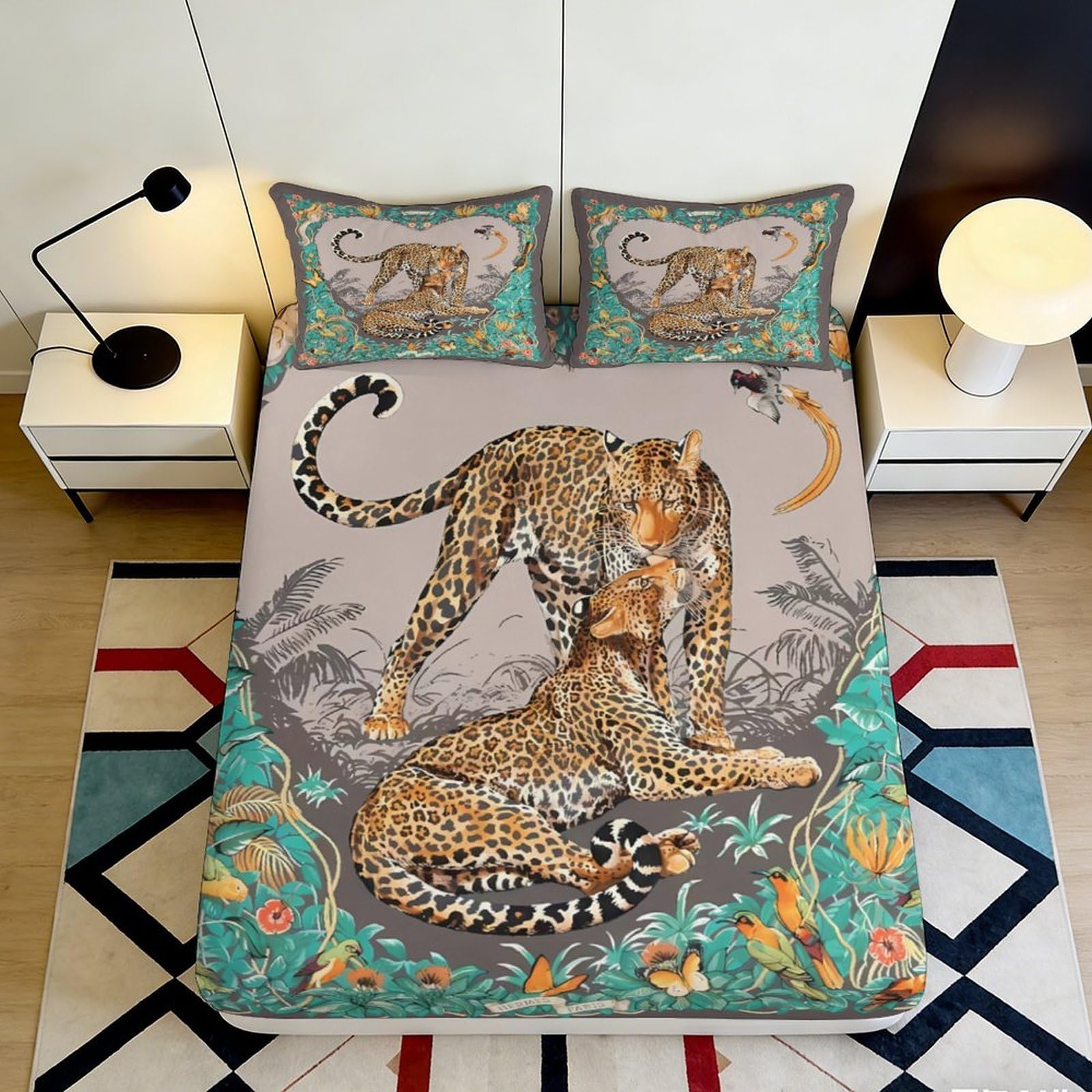 3D Printed Leopard Jungle Fitted Sheet Microfiber Non Slip Mattress Cover for Bedroom Guest Room Easy Care 200x200x25cm