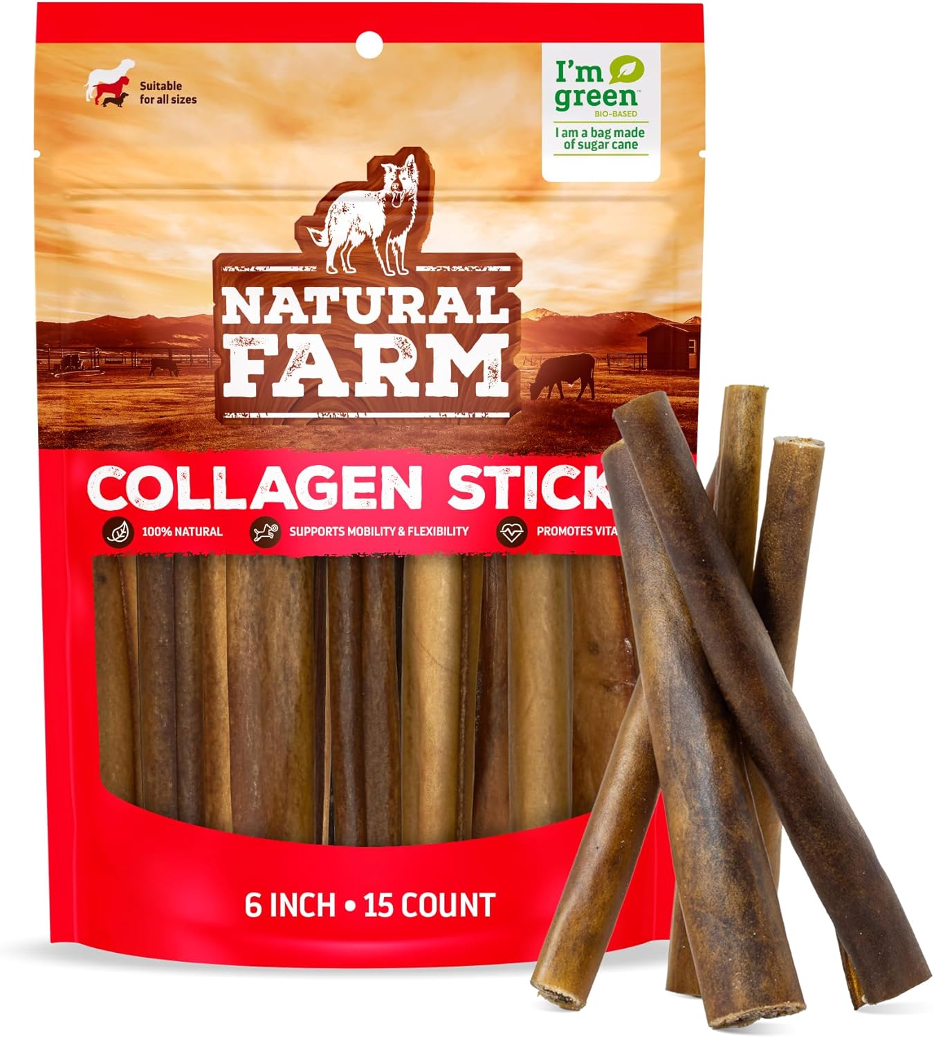 Natural Farm Collagen Sticks (6 Inch, 15 Pack). Odor-Free, 95% Natural Collagen Dog Chews, Supports Healthy Joints, Skin & Coat - Best Rawhide Alternative for Small & Medium Dogs