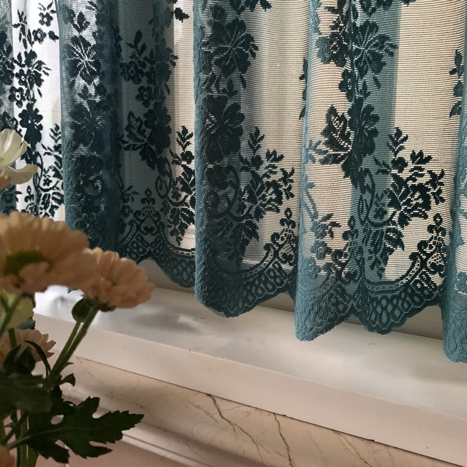A.Monamour Corta Voile Trasparente Verde Scuro Con Ricamo Floreale - Tenda per Finestra Piccola, Cucina, Bistrot, Caffè - Mezza Mantovana a Pannello per Porta