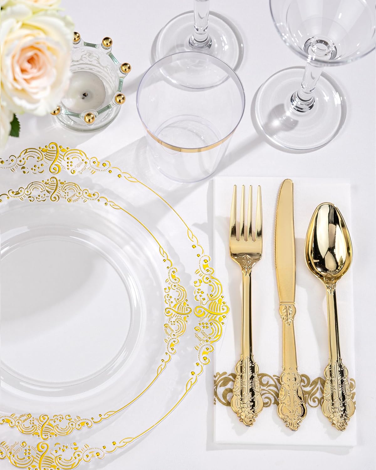 Nervure 350PCS Clear Gold Plastic Plates - Gold Plastic Dinnerware Sets for 50 Guests - 100 Disposable Plates, 150 Silverware, 50 Cups, 50 Napkins for Wedding & Party & Thanksgiving - Image 6
