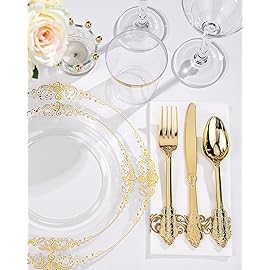 Nervure 175PCS Clear Gold Plastic Plates - Gold Disposable Dinnerware Set for 25 Guests Include 50 Disposable Plates, 75 Plastic Silverware, 25 Cups, 25 Napkins for Wedding & Party & Thanksgiving