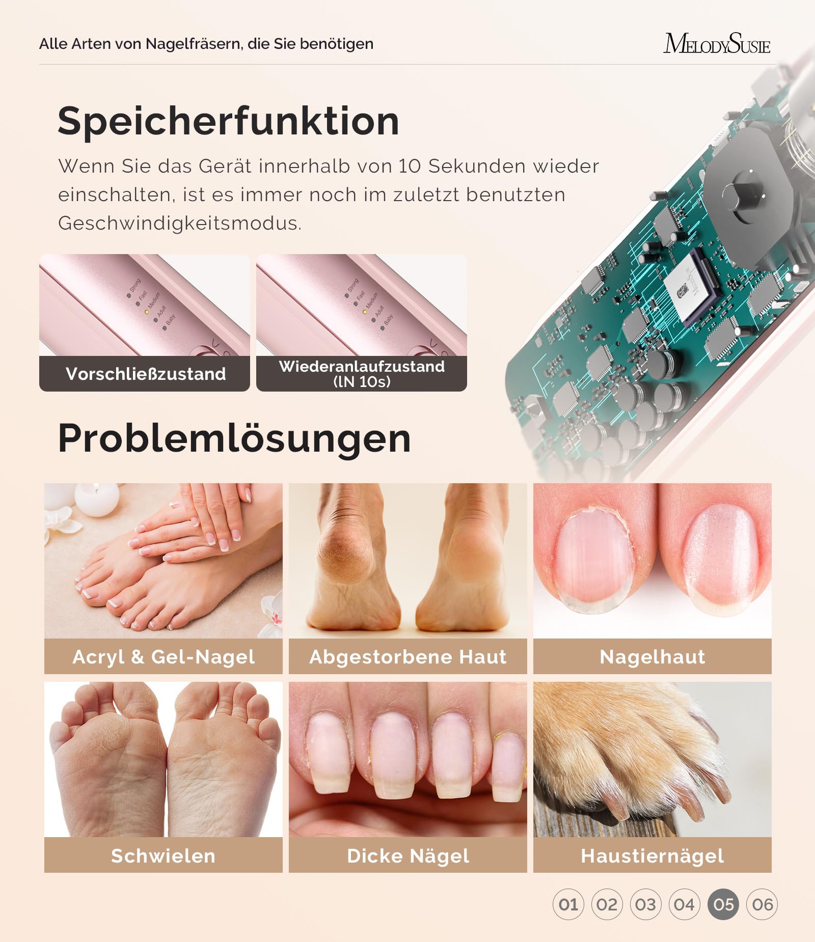 MelodySusie Professionelles Pediküre Set, PC760G 8 in 1 Elektrischer Nagelfräser mit 5 Geschwindigkeiten, Wiederaufladbare Kabellose E-Feile mit 360° LED Licht, Hand/Fußpflege Polish Tools (A-Rosa)