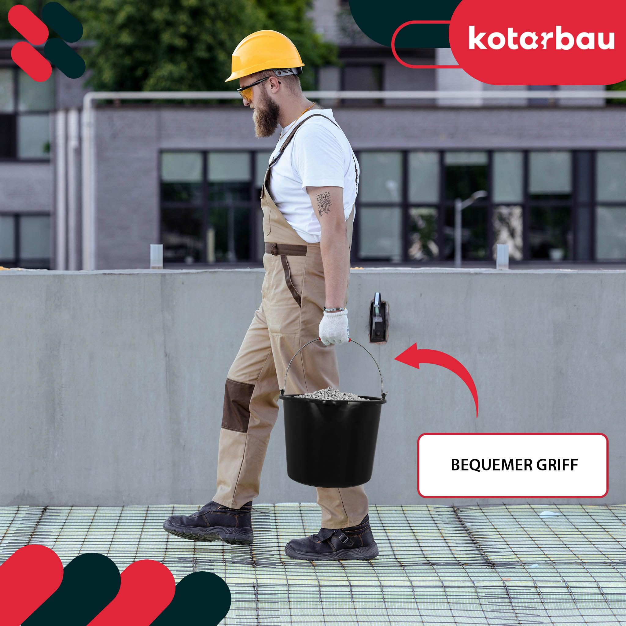 KOTARBAU® Seau de Maçon, Seau de Construction 16 L, Plastique | Lot de 3, Seau de Chantier, Seau à Mortier, Noir, avec Bec Verseur et Anse, Rond