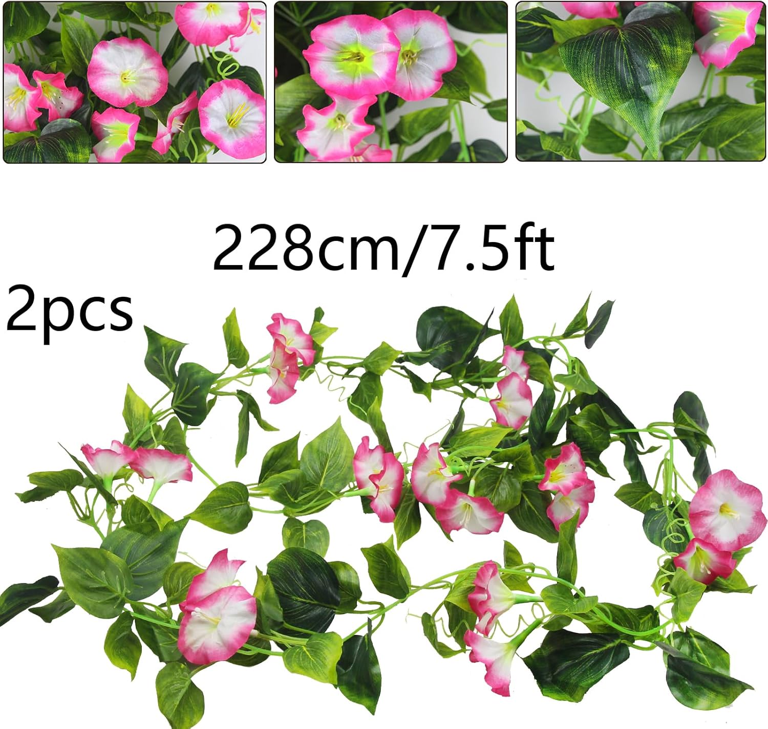 CISDUEO 2 Pcs Artificial Vines Silk Morning Glory Vines for Outdoor 15Feet Hanging Plants Garland Pink Fake Green Plant Morning Glories for Home Decor Wall Fence Stairway Wedding Hanging Baskets - Image 2