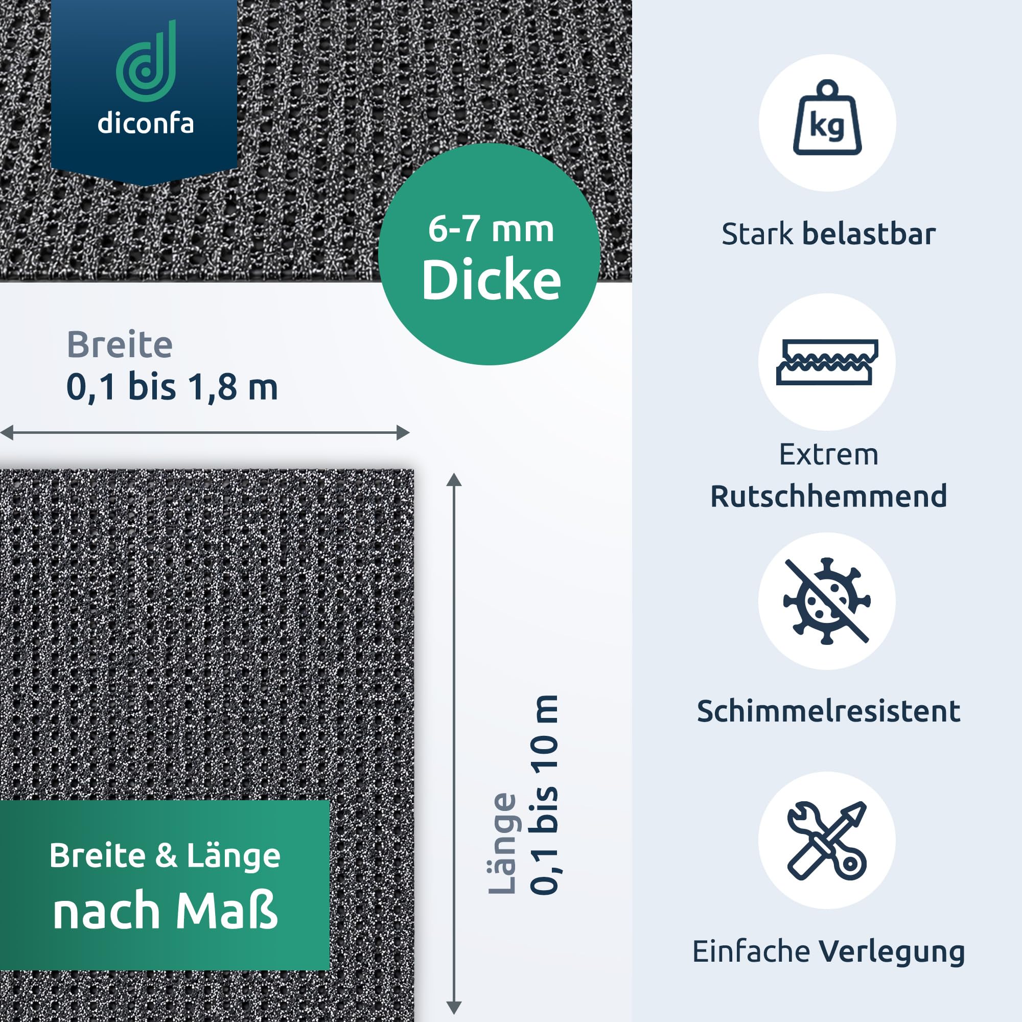 diconfa Sicherheitsmatte PVC gegen Glätte grau, 1m x 3m, 6mm dick | AUF MAß - 0,1m bis 1,8m BREIT - 0,1m bis 10m LANG - Antirutschmatte Außenbereich Eis Schnee gegen Granulat Beschichtung
