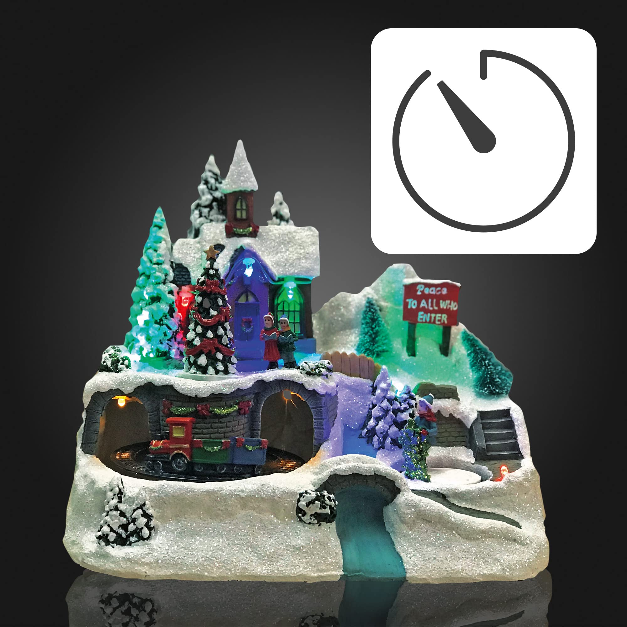 Hellum LED Weihnachtsdorf mit fahrendem Zug, Bergdorfszene im Fiberoptikstil, Weihnachtsdeko innen batteriebetrieben mit bunte Beleuchtung 3xAA 22x14x19cm 524390