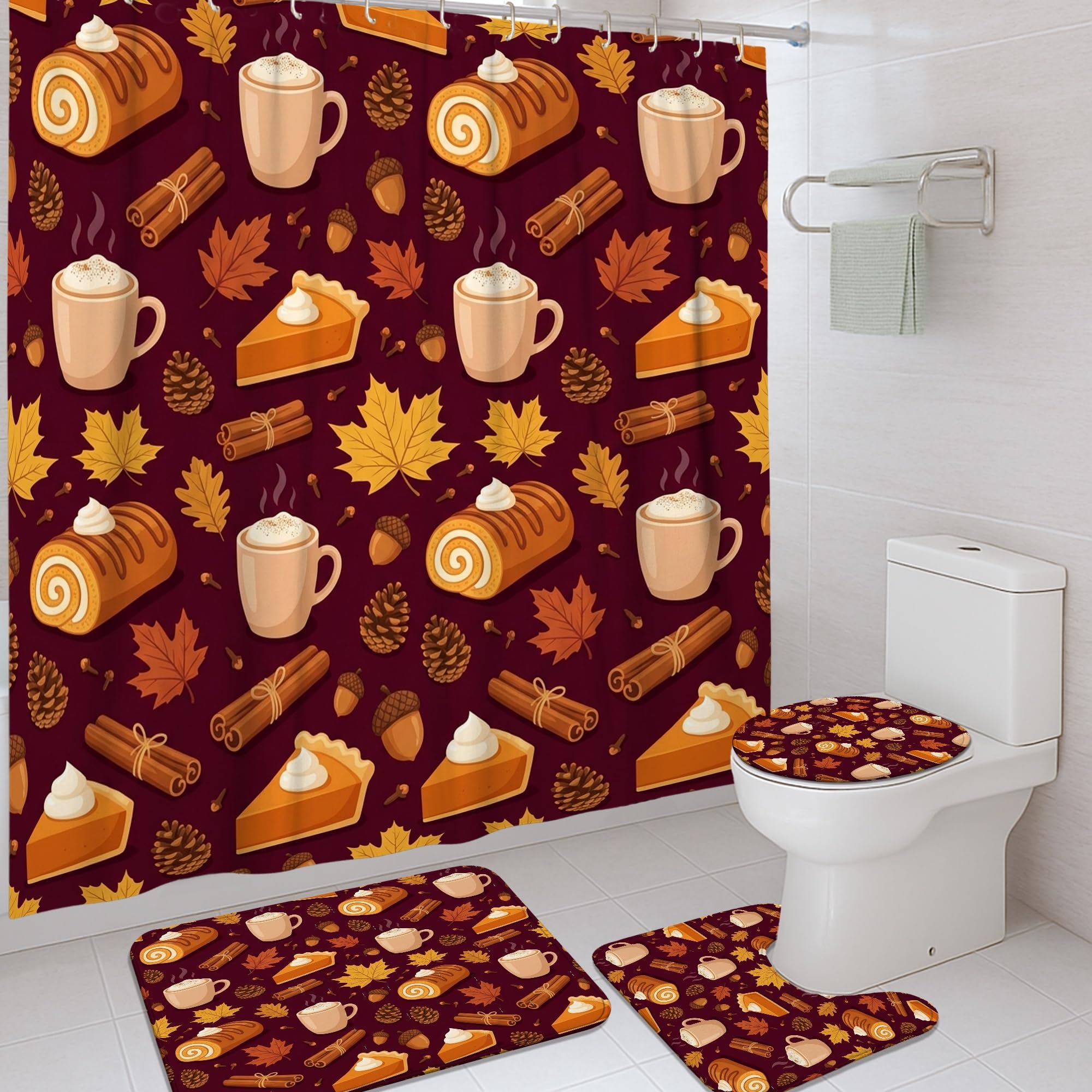 Rideau de douche à rouleau de citrouilles lavable en toile avec tapis de bain bordeaux