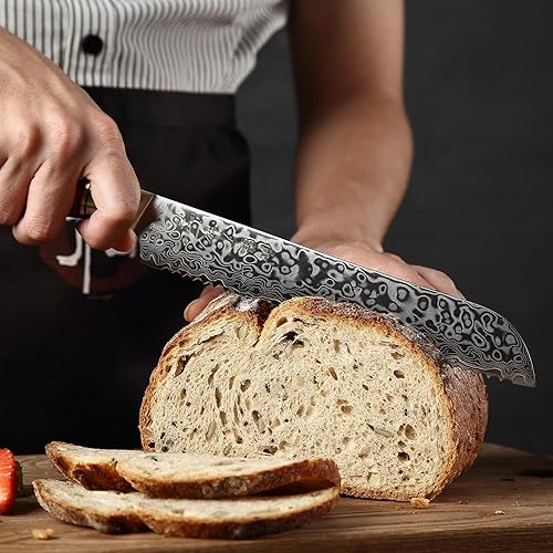 Miniatura 7 de HEZHEN Cuchillo de pan dentado de 8.3 pulgadas, cuchillo de acero de Damasco, cuchillo de cocina de acero de alto carbono, mango de madera y caja de
