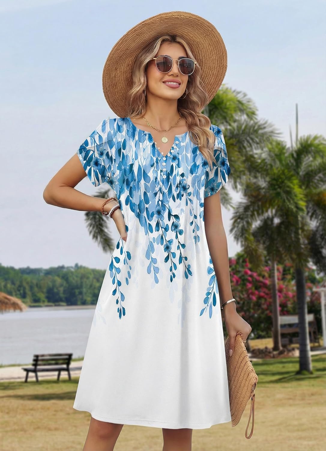 Zeagoo Women's Casual Dresses with Pockets Summer Floral V-Neck A-Line Tshirt Dress Short Sleeve Mini Dress Beach Sundress - Image 6