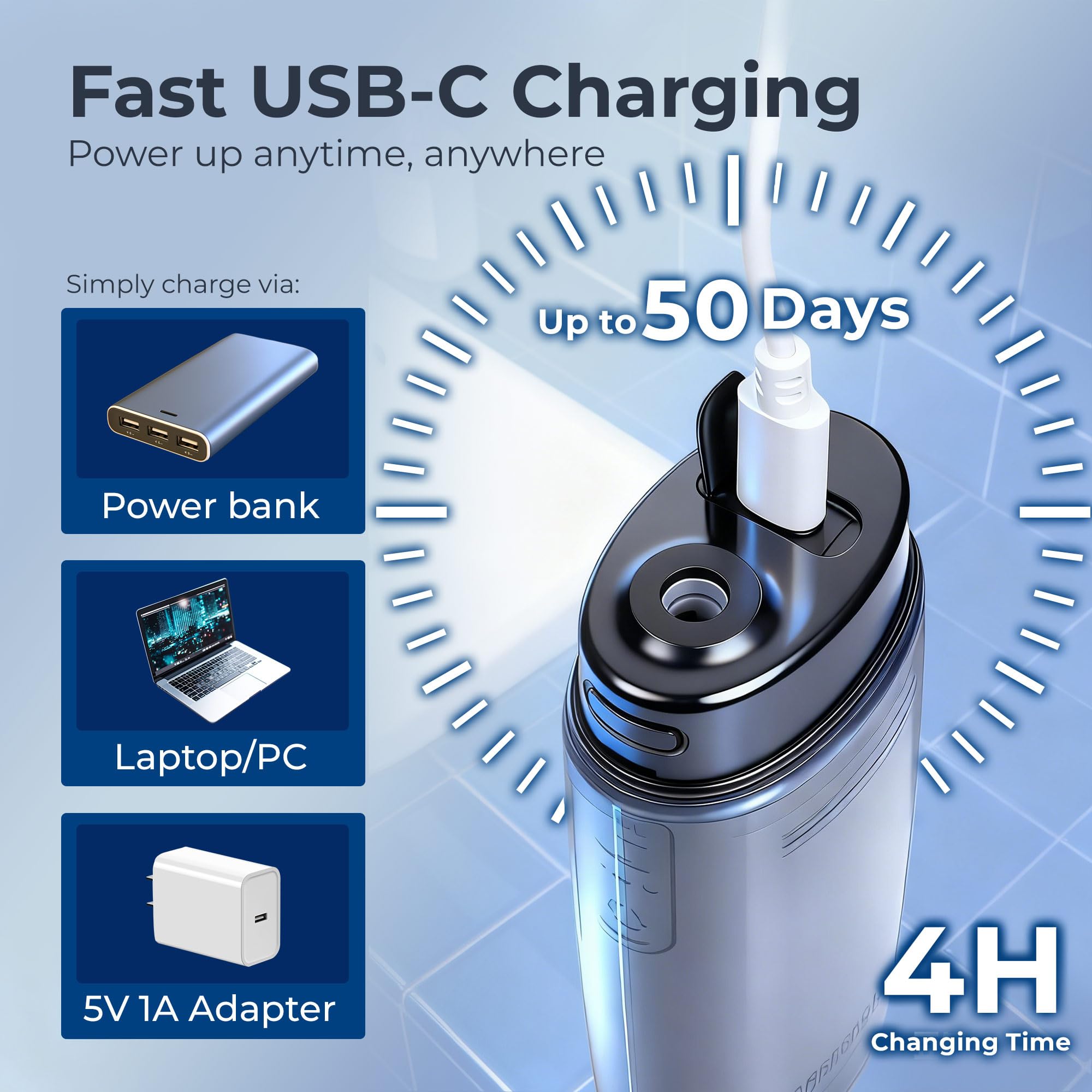 BarberBoss Idropulsore portatile, irrigatore orale senza fili da viaggio, 3 livelli di pressione, 6 punte, serbatoio dell'acqua telescopico IPX8, idropulsore ricaricabile USB-C, QR-7112 (Nero)