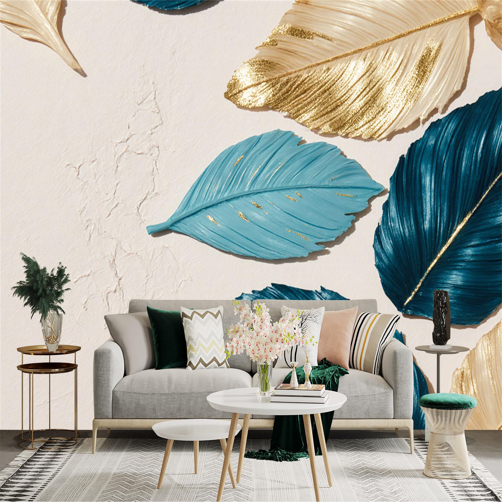 Custom Size Wall Sticker Mural， Elegant Gold and Blue Textured Leaves， Modern Abstract Botanical Art， for wall Decoration， peelandstick wall Decals.