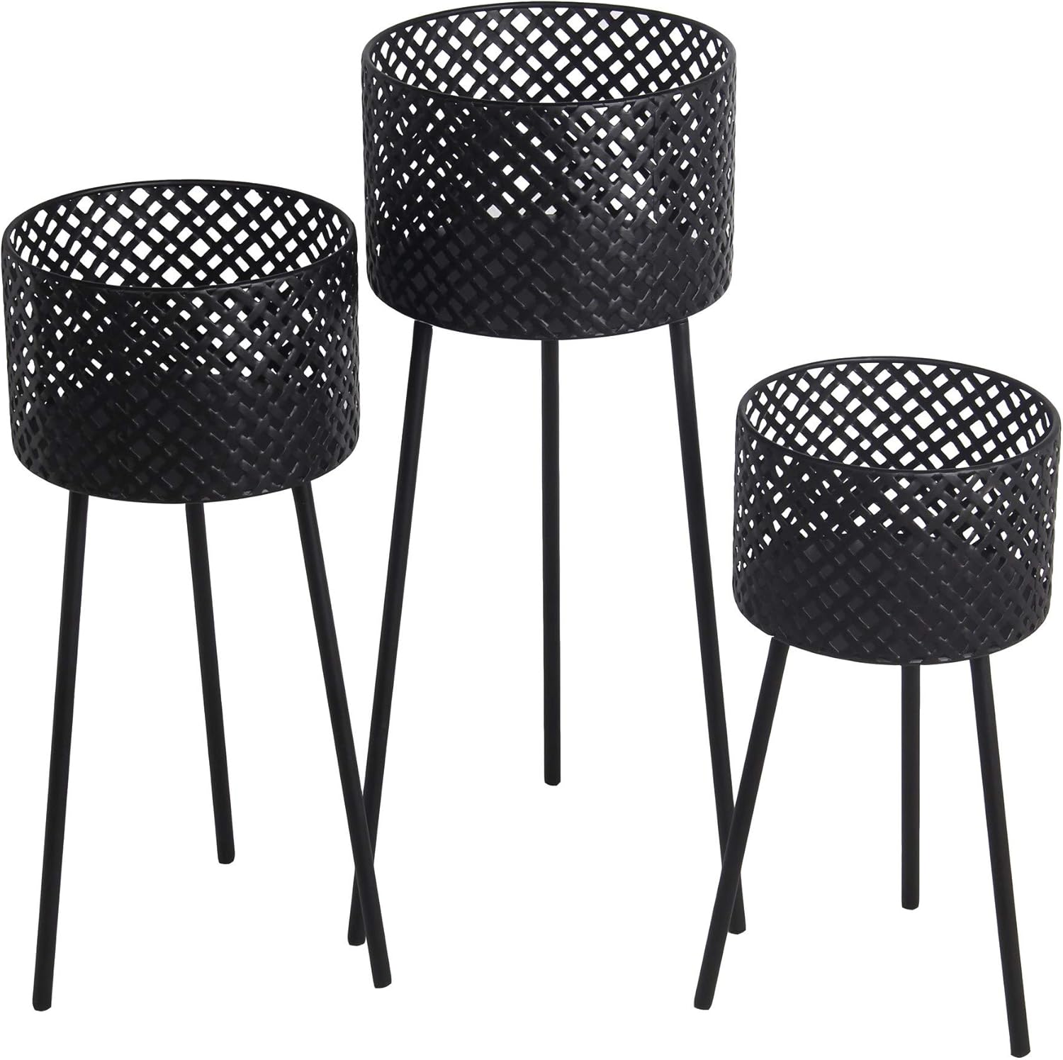 Privilege Metal Planters with Geometric Motif and 3 Legs in Black (Set of 3