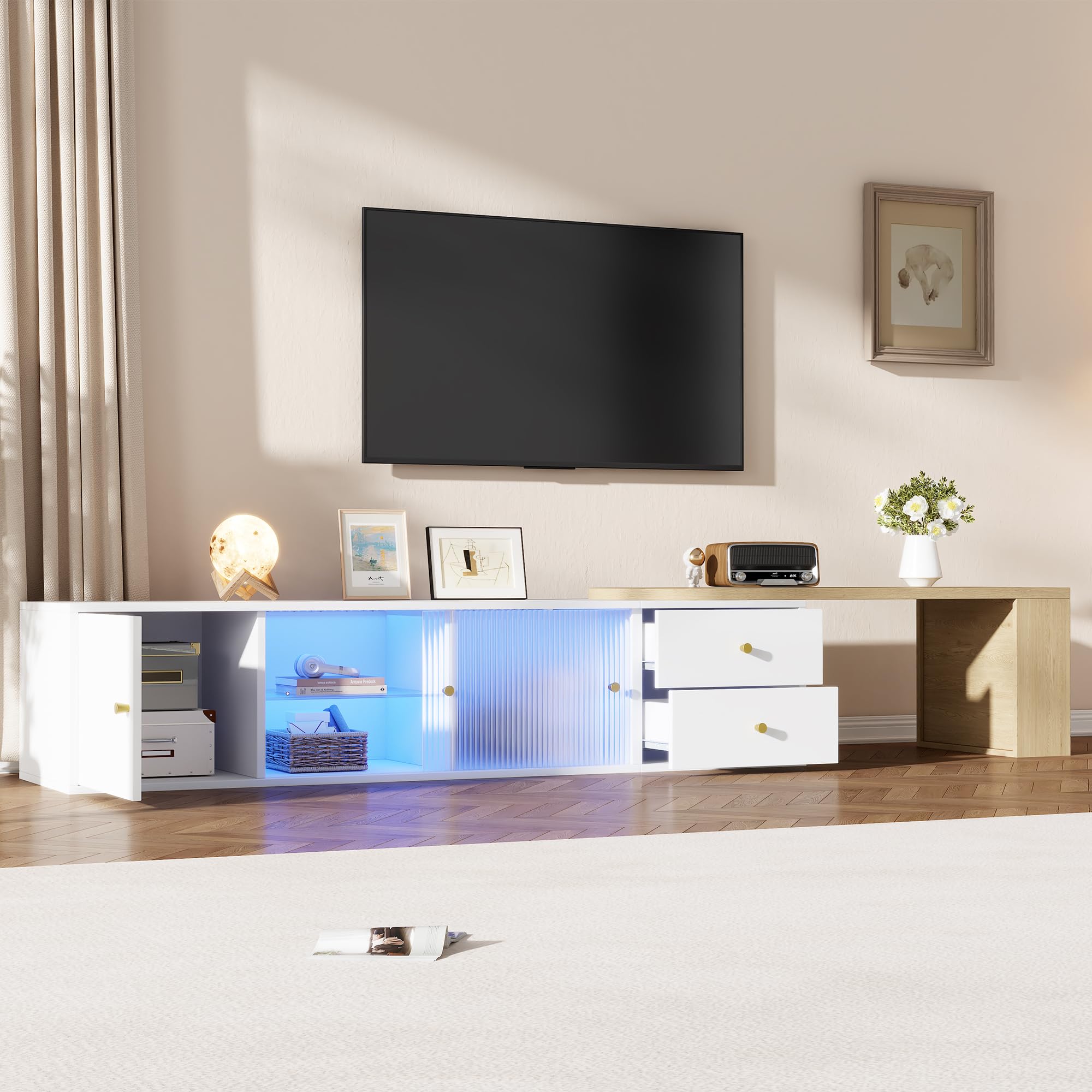 Mobile TV estensibile, 175 cm, con LED e vano portaoggetti, mobile basso per TV