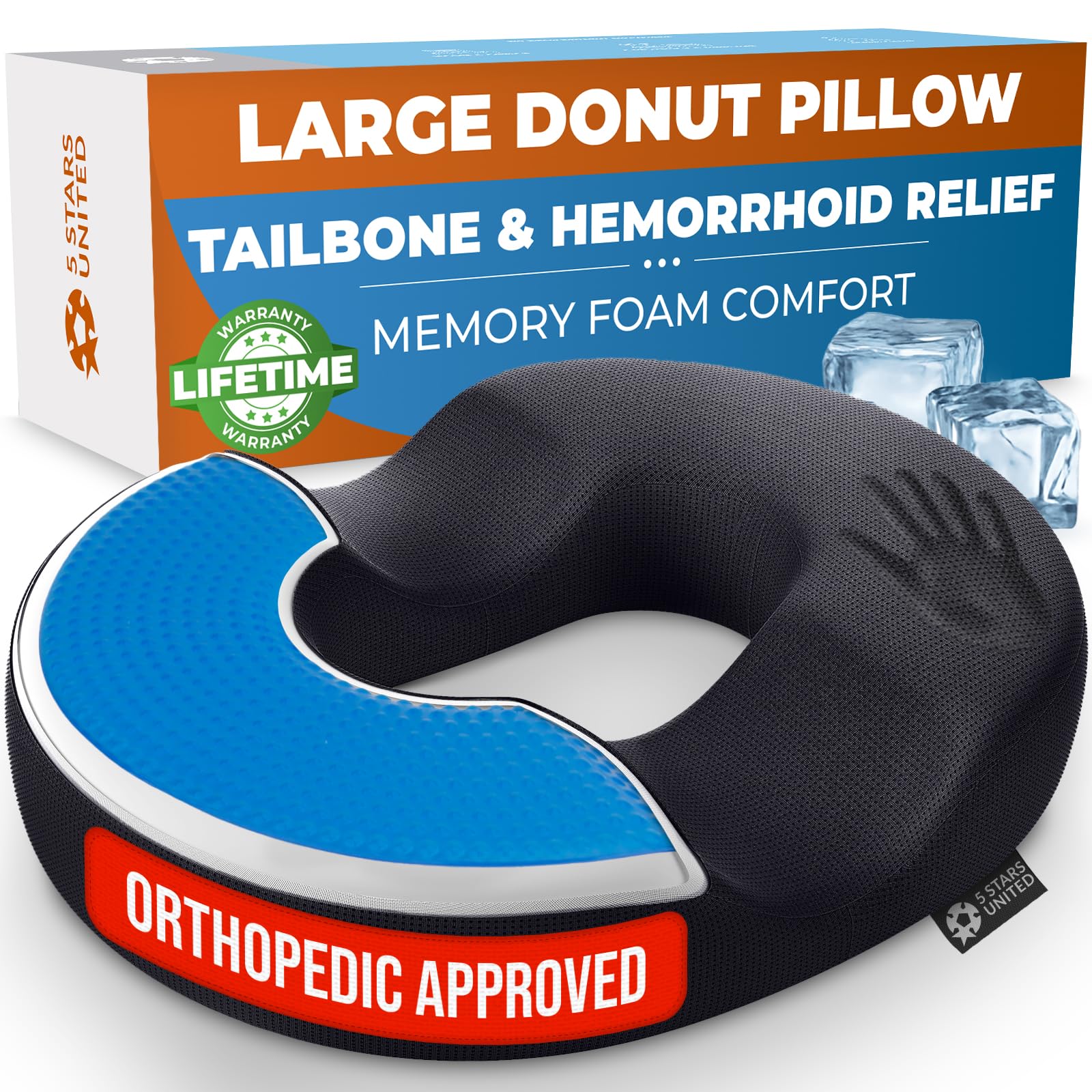 5 STARS UNITED Donut Pillow Hemorrhoid Tailbone Cushion – Large Cushion for Pain Relief – Coccyx, Prostate, Sciatica, Pelvic Floor, Pressure Sores, Pregnancy, Postpartum Recovery, Black
