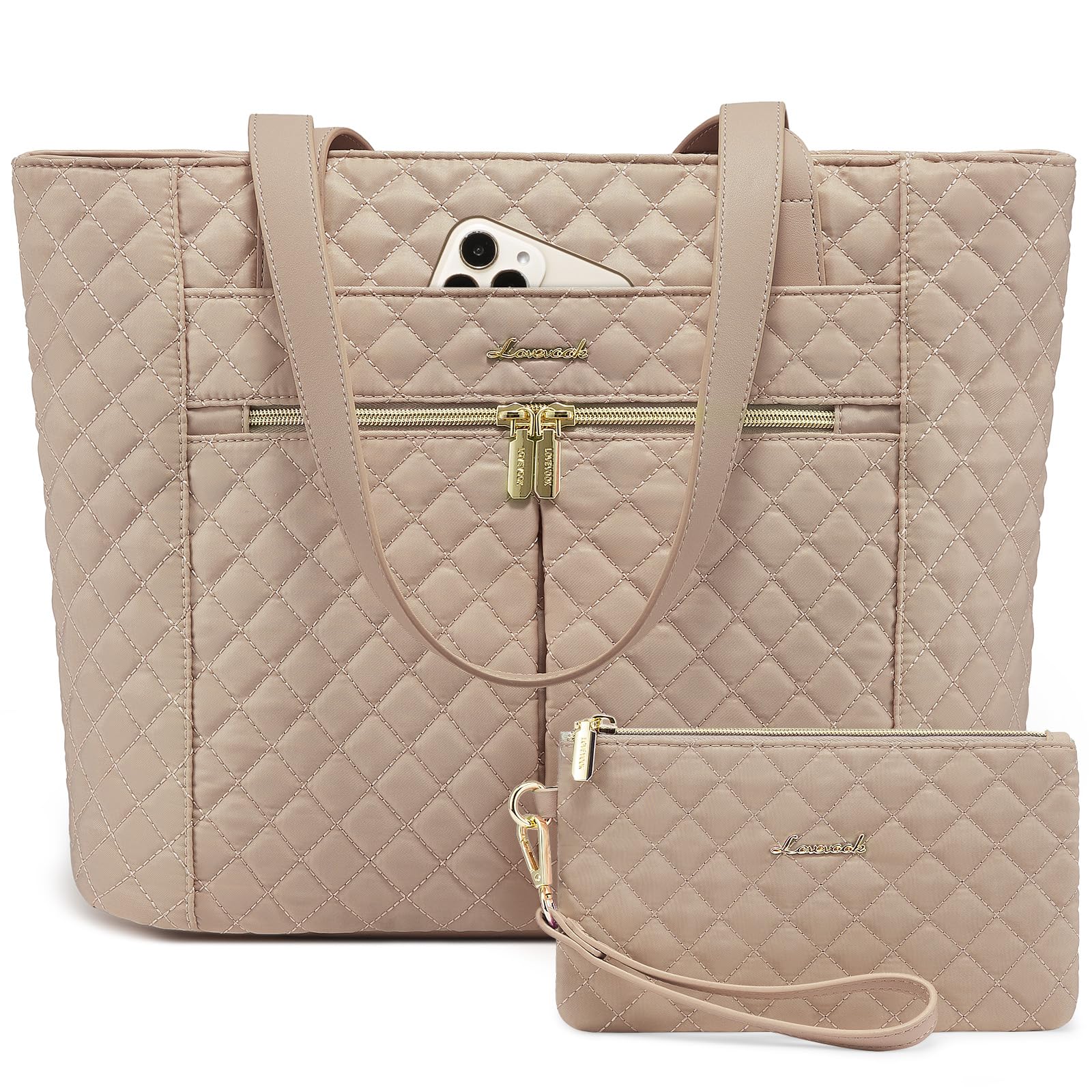 LOVEVOOK Laptop Bag for Women 15.6 inch,Diamond Quilted Work Tote Bags Womens Laptop Computer Shoulder Bags,Stylish Travel Tote Bags Laptop Purse Briefcase Handbag with Clutch Purse,Khaki