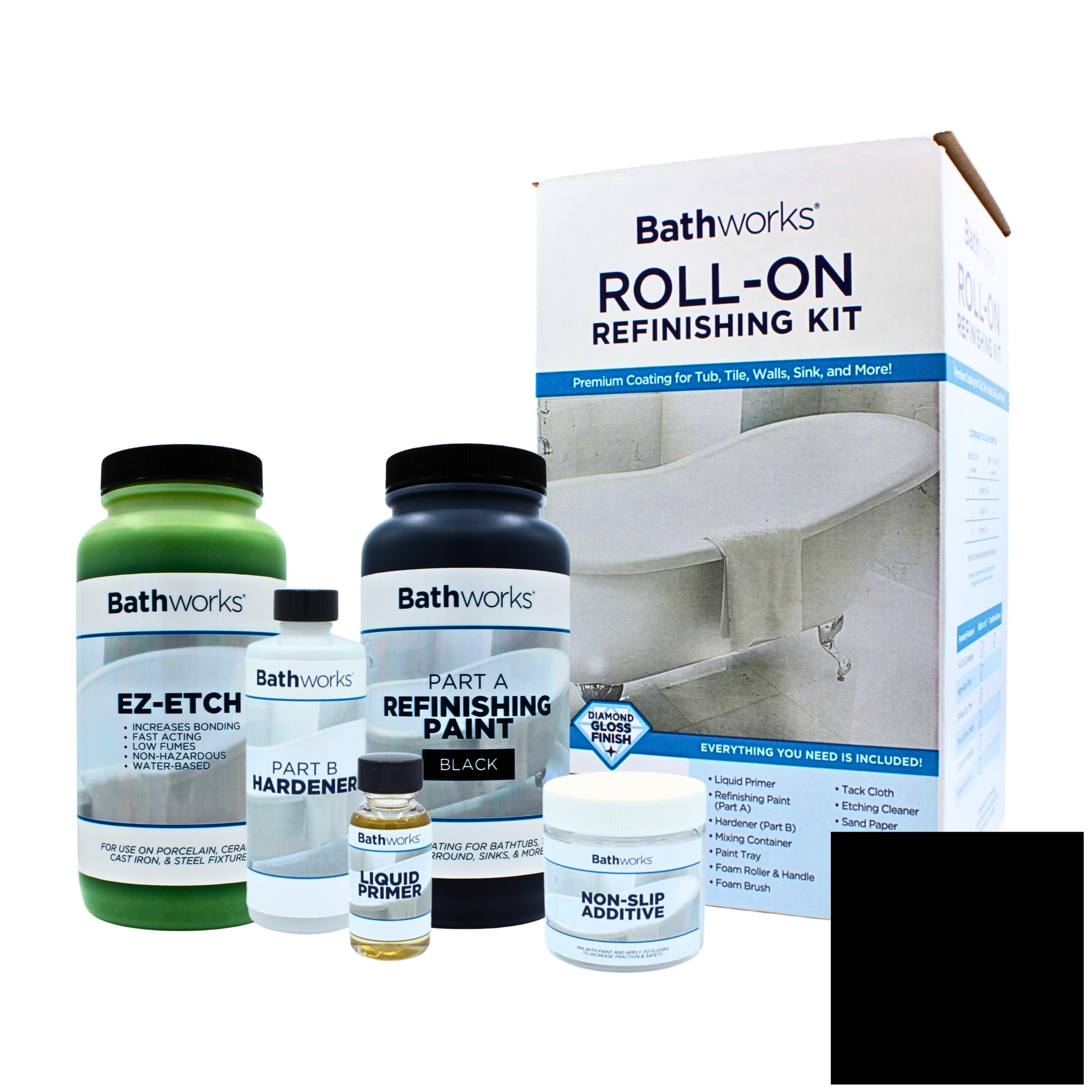 Bathworks Bathtub Refinishing Kit - Black; Non-Slip Protection; 16 oz. EZ Etch Porcelain, Ceramic, Etching Paste; 24 Hour Dry Time; Resin Finish