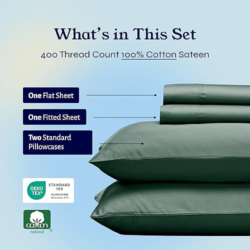 Vista 252 de Juego de sábanas de 400 hilos y 6 piezas, tamaño King, con 4 fundas de almohada, ropa de cama de 100 % algodón con tejido satinado, color azul 12