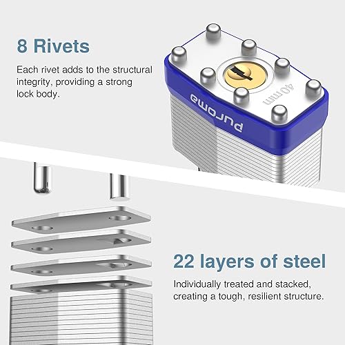 Miniatura 6 de Puroma Lock - Paquete de 3 candados, cerraduras de grillete de 1-12 pulgadas de largo resistentes con 6 llaves, candados de acero endurecido de