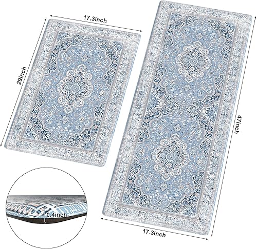 Miniatura 2 de OTOB Tapete de cocina antifatiga, 2 piezas, color azul, antideslizante, impermeable, acolchado, bohemio, tapete de cocina de espuma viscoelástica