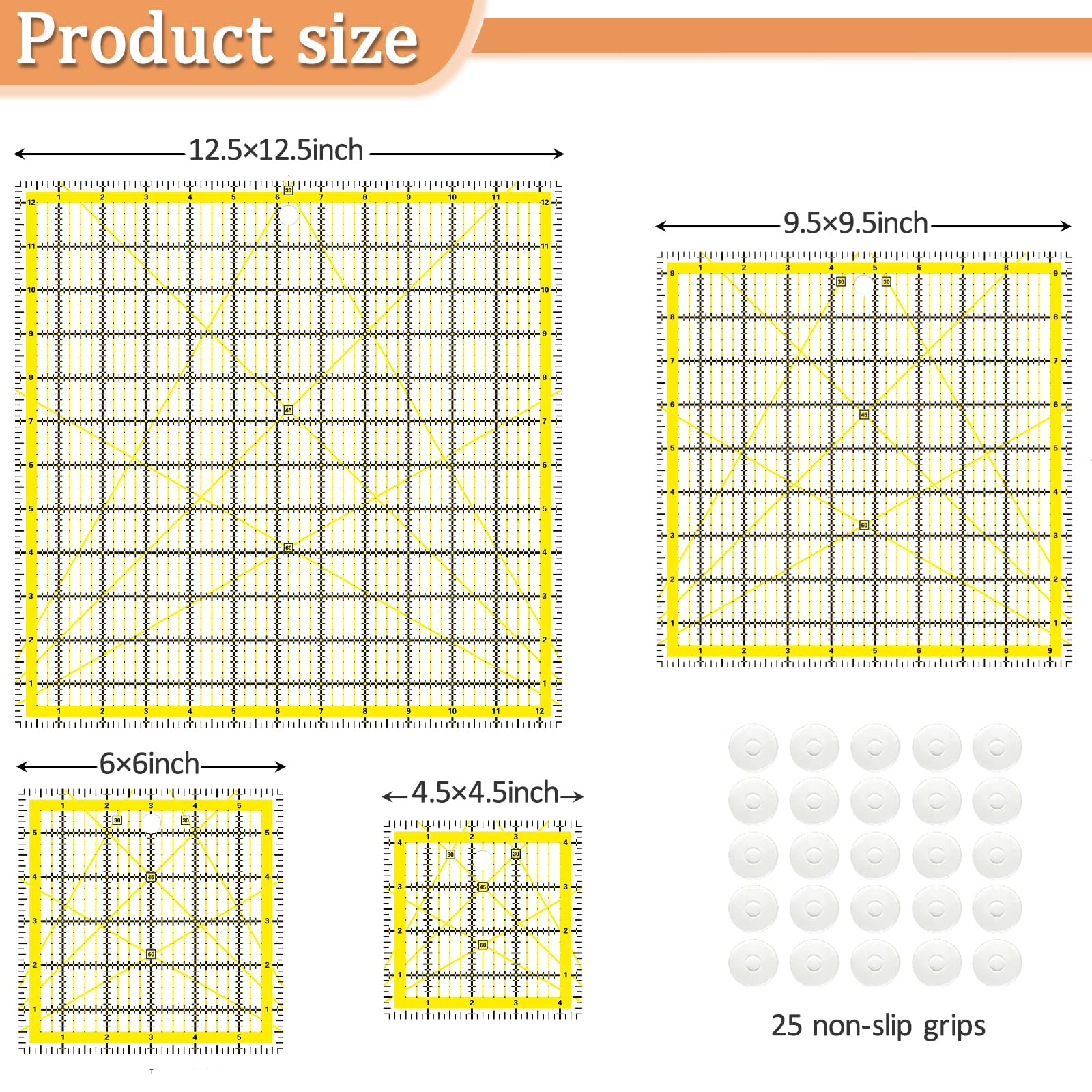 VPVPV 4 Piece Quilting Ruler,Acrylic Square Ruler,Quilting Templates,with Non Slip Rings 25 Pieces（4.5“X4.5”、6“X6”、9.5“X9.5”、12.5“X12.5”）