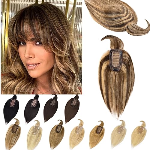 Miniatura 18 de Toppers de cabello humano real para mujer con cabello fino, base de seda, sin flequillo, clip, 10 pulgadas, #12P613 mezcla de castaño dorado y rubio