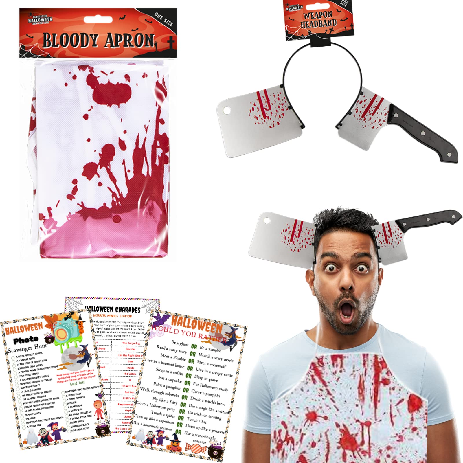 NarasScary Halloween Costumes - Bloody Apron, Plastic Weapon Headband and Game Card - Halloween Party Accessories for Adults, Halloween Costume Party, Photo Props Supplies, Butcher Halloween Costume