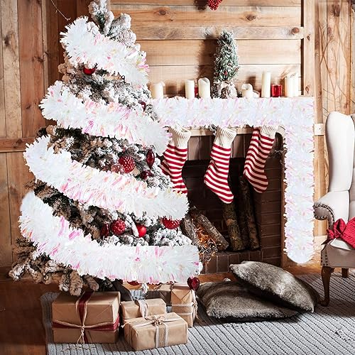 Miniatura 5 de Dilunave - Guirnalda de oropel de Navidad de 40 pies, guirnalda metálica de oropel con purpurina para árbol de Navidad, decoración colgante para