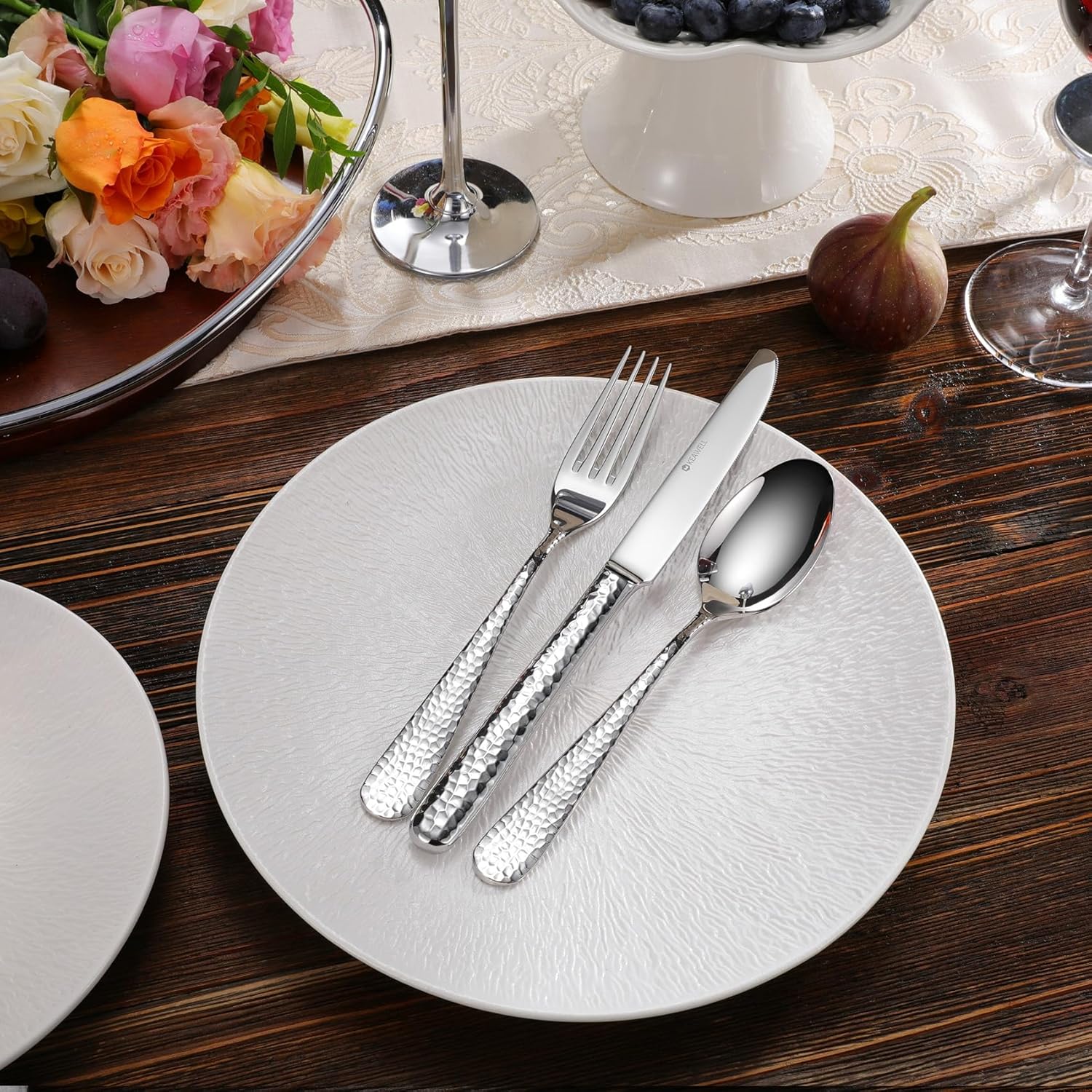 KEAWELL Premium 20/45/65 Piece Louise Hammered Silverware Set with Round Edge, 18/10 Stainless Steel, Service for 4/8/12, Fine Flatware Set, Dishwasher Safe (20)