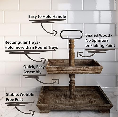 Miniatura 2 de Soporte de bandeja escalonada blanco - Bandeja de madera de dos niveles - Soporte de decoración de bandeja escalonada de granja - Soporte de bandeja