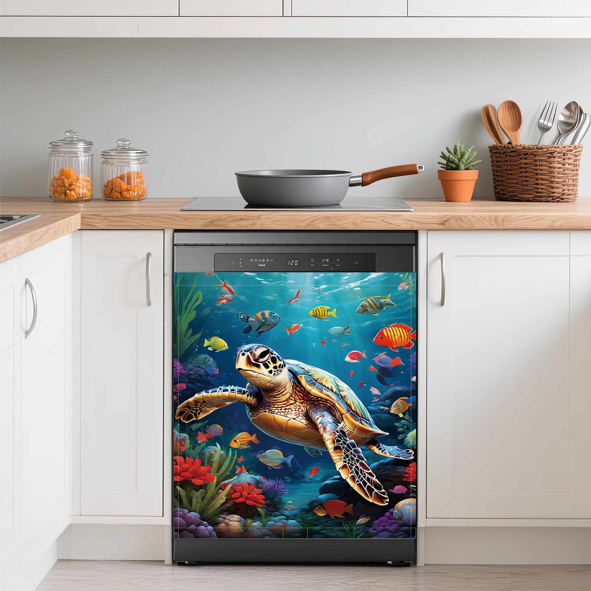 Sea Turtle Dishwasher Magnets Decorative Cover,Colorful Fish Coral Waterproof Magnetic Dishwasher Cover Panel,Refrigerator Magnet Cover for Kitchen Home Decor 23x26 Inch