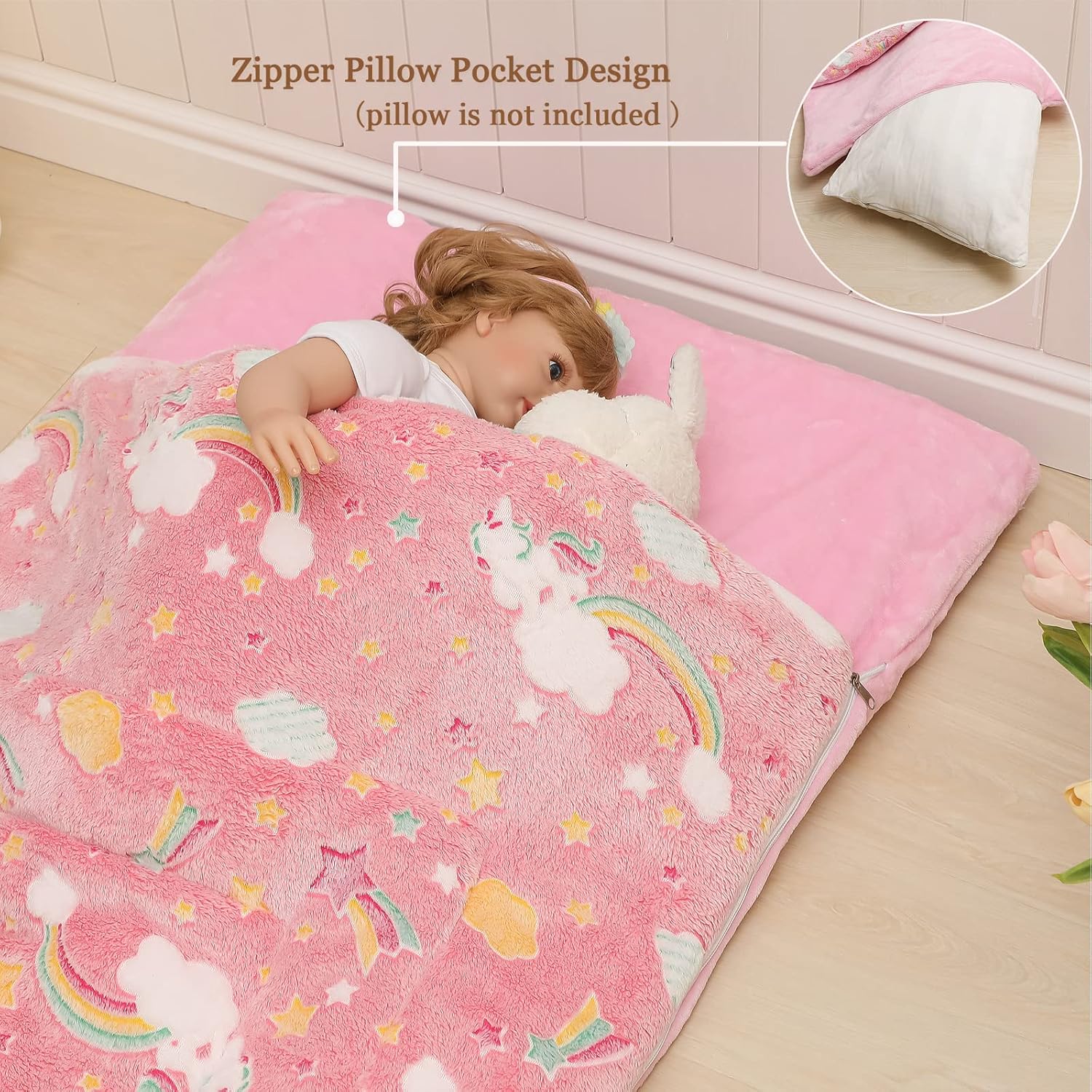 Kids Sleeping Bags for Boys Girls Glow in The Dark Stars Space Slumber Bag Super Soft Nap Mat for Daycare Sleepovers | with Zipper Pillow Pocket and Carrying Bag