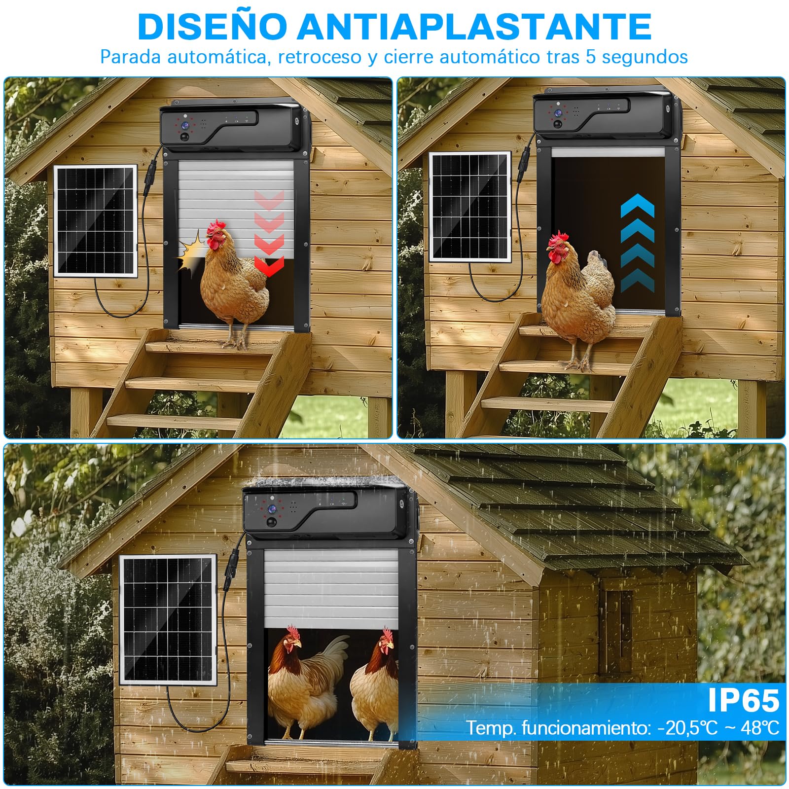 Puerta Gallinero Automatica Solar con Cámara 1080P, Control por Aplicación y WiFi, Visualización Estado Puerta en Tiempo Real, Función de Aviso sonoro y Temporizador, Batería 5000 mAh