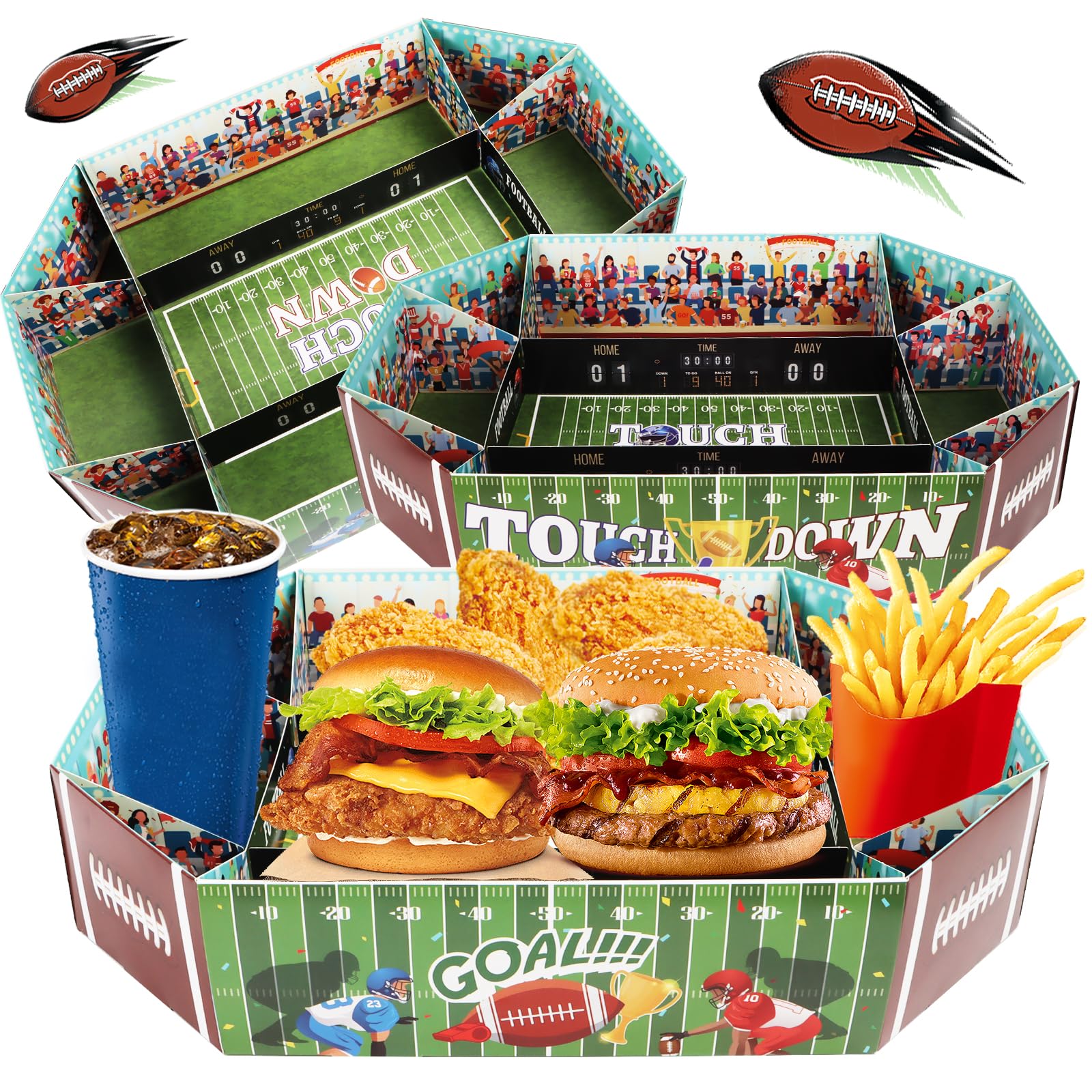 Lot de 3 grands stades de collation de football américain - Accessoires de fête de football américain - Plateau de service en papier - Super Snack Stade - Décoration pour les fans de football