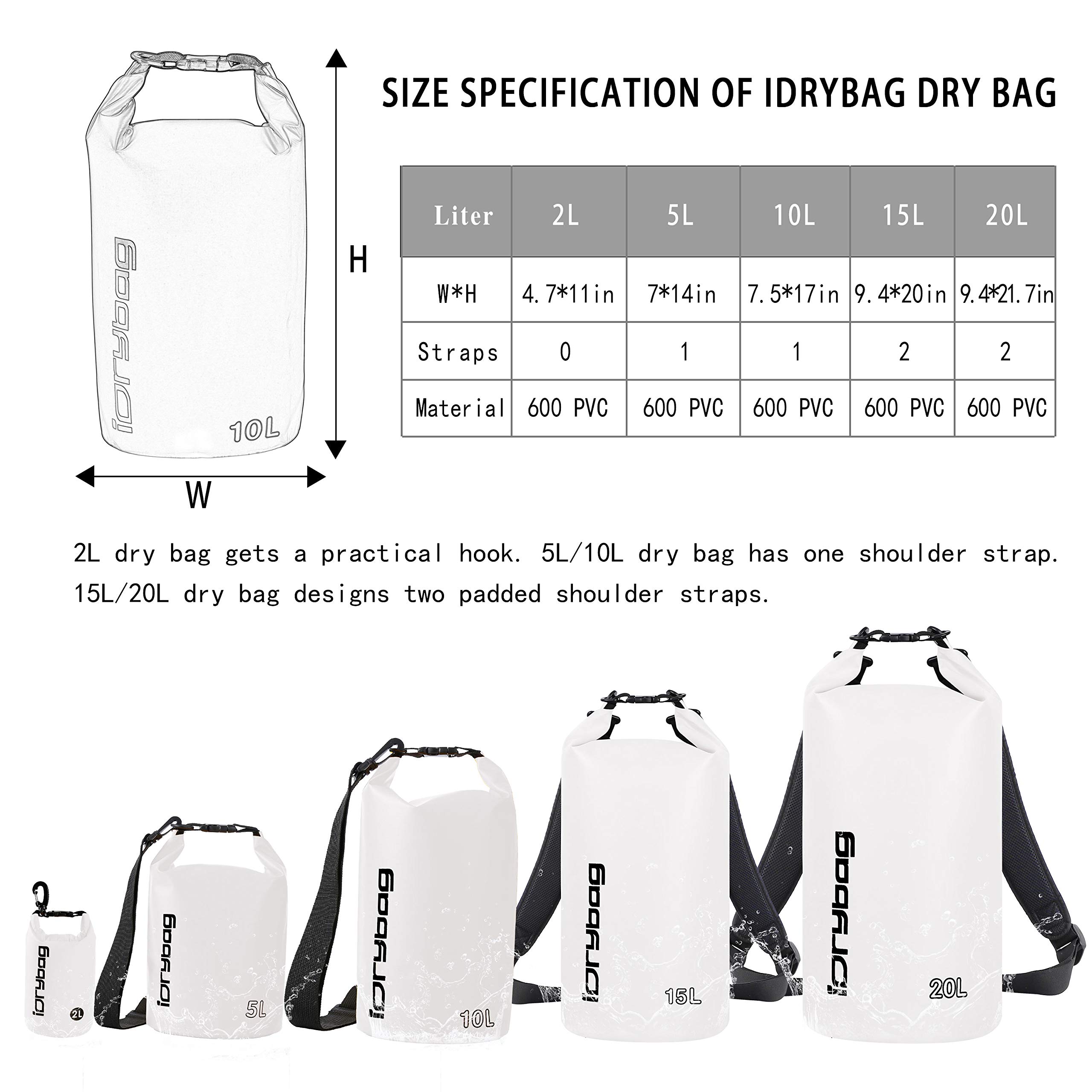 IDRYBAG Sacca Impermeabile per Kayak Impermeabili 2L/5L/10L/15L/20L/30L/40L, Sacchetto Impermeabile Piccolo che Galleggia, Sacca Impermeabile per Paddleboarding e Viaggi