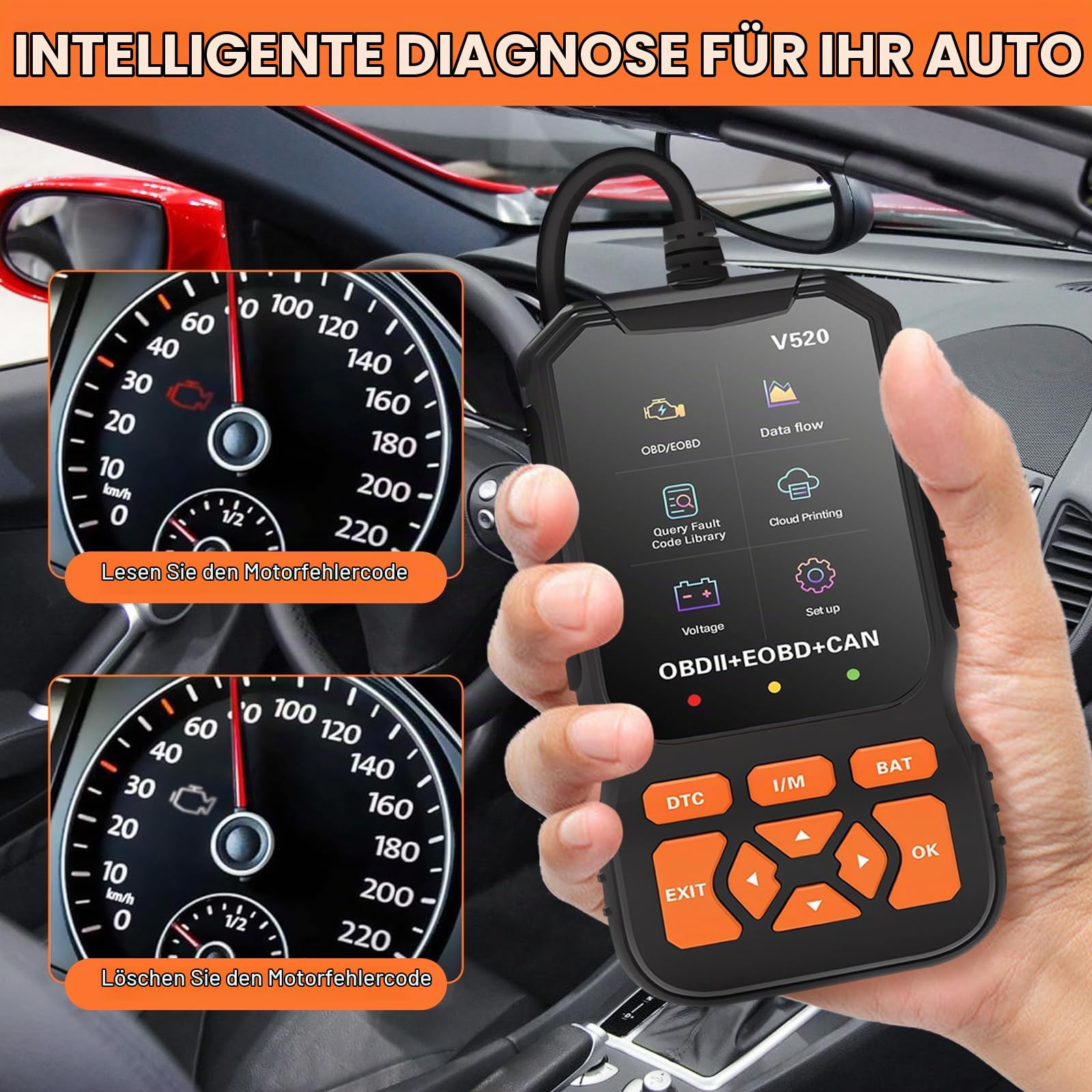OBD2 Diagnosegerät, OBD Auto Diagnose, Motor Fehlerauslesegerät Lesegerät mit Vollständigen OBDII Funktionen, KFZ-Fehlercode-Lesegerät für nach 1996 Alle Fahrzeuge, 10 Sprachen