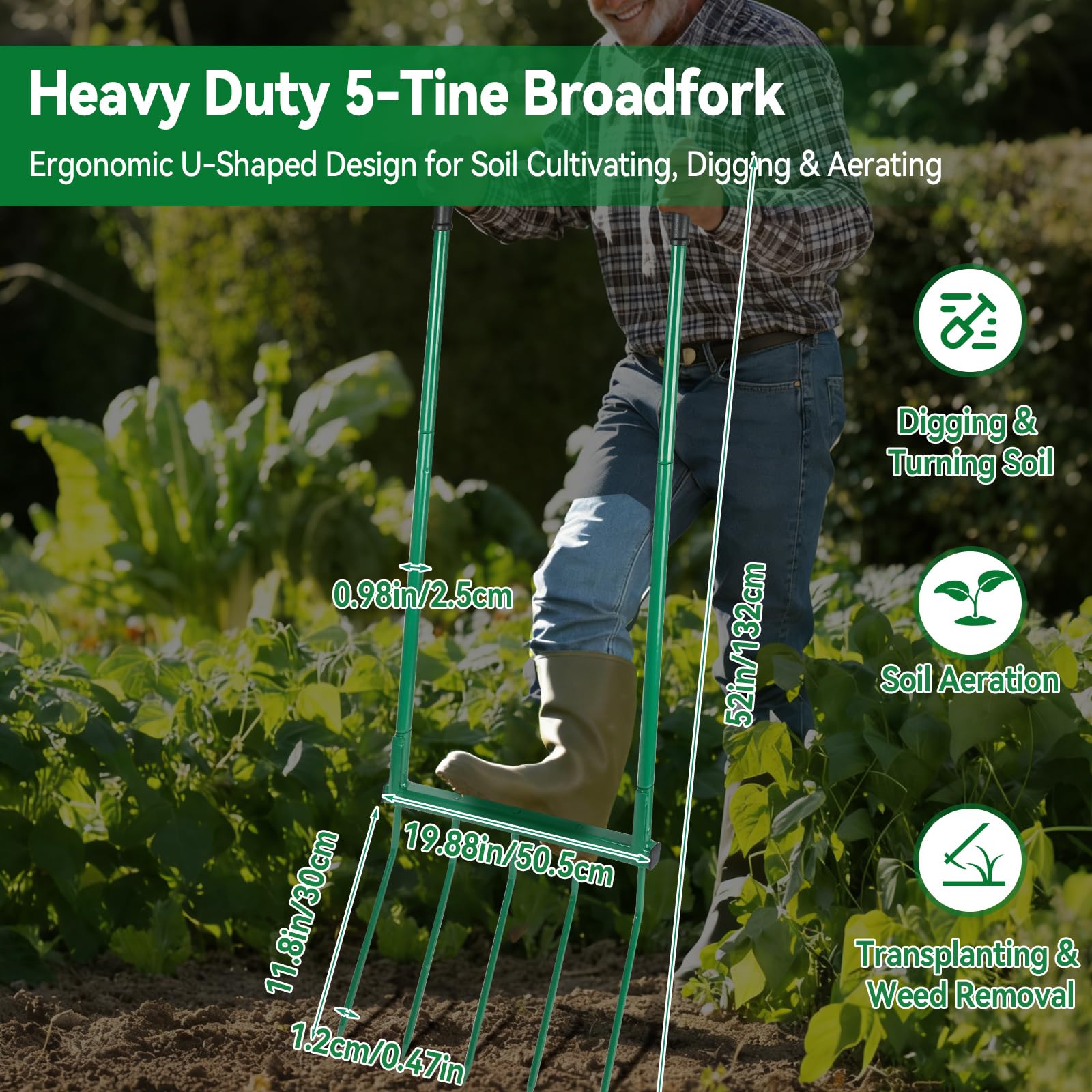 Fourche à bêcher à 5 dents, fourche large de 50 cm, longueur des dents : 30 cm, fourche de jardin robuste en acier à 5 dents en forme de U pour ameublir en profondeur et aérer la terre du jardin