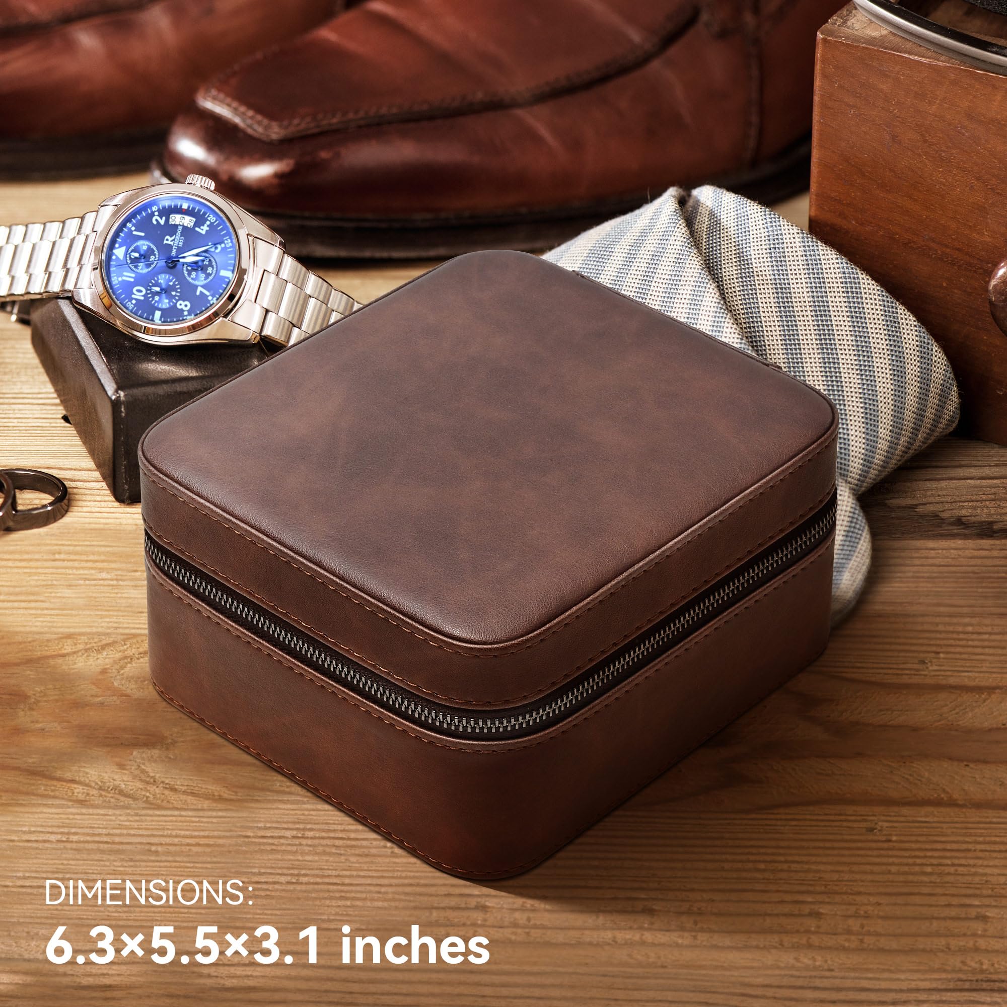 Flyroom Watch Roll Travel Case with Storage Organizer Compartment for 2 Watches| Tough Portable Protection with Zipper Leather Travel Watch Box for Men