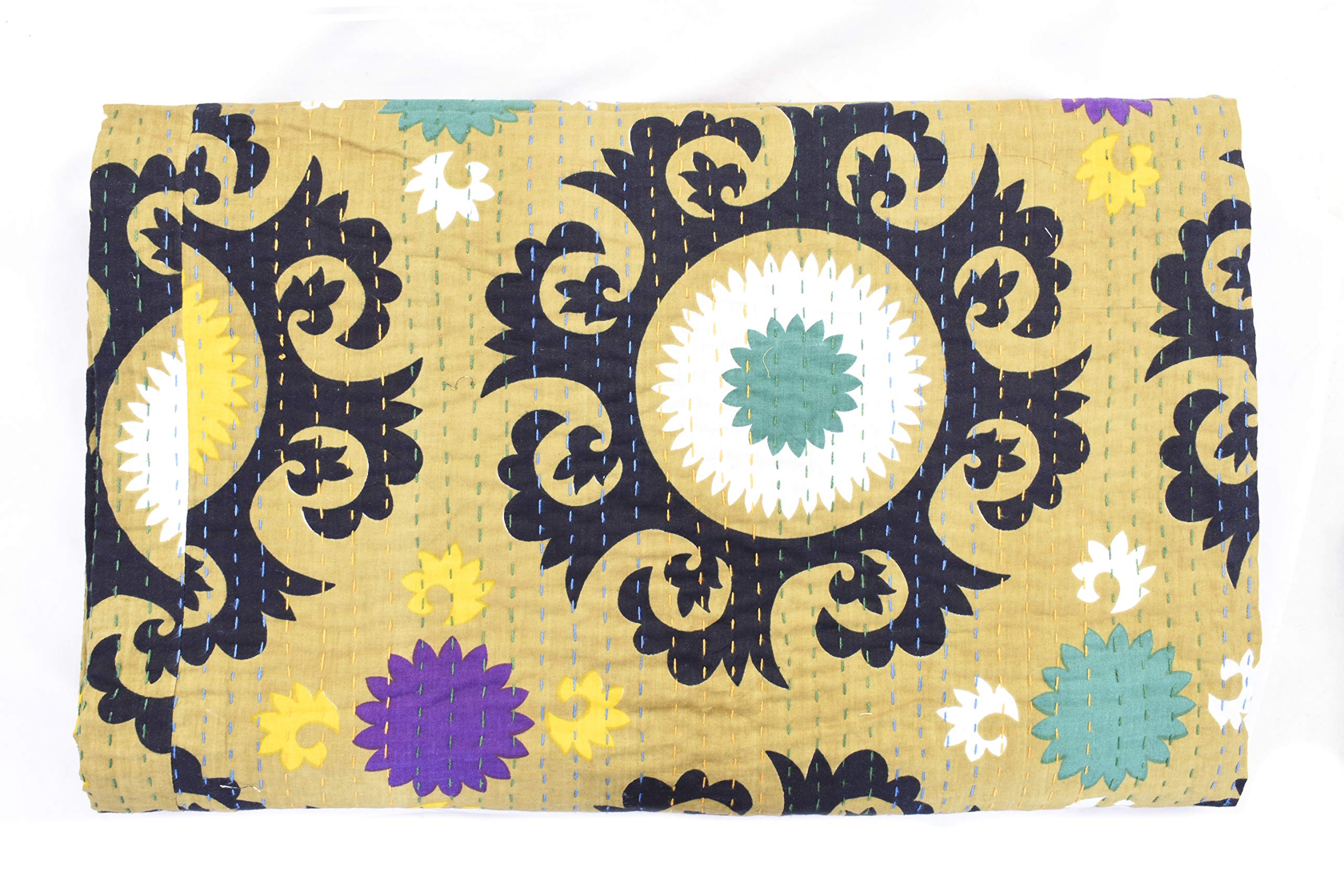 Sophia-Art Indian Handmade Cotton Bedding Kantha Quilt Vintage Gudri Throw Suzani Quilt, Gudri, Bedspreads (Queen Size)