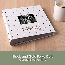 Pearhead Hello Baby Photo Album, Keepsake Book for New and Expecting Parents, Gender-Neutral Baby Accessory, Ideal Gift for Baby Shower, Holds 200 Pictures, Black and Gold Polka Dot