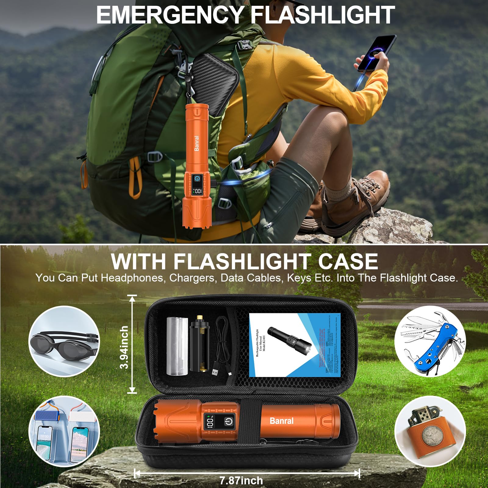 Linternas recargables de alto lúmenes, luz LED táctica súper brillante, potente linterna USB C impermeable para camping, emergencias, hogar, 5 modos, zoom (1, naranja)