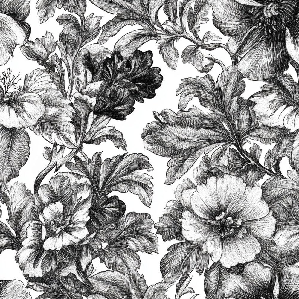 Papel pintado autoadhesivo Floral en blanco y negro Papel tapiz adhesivo Flor retro Plástico adhesivo impermeable para la parte posterior de la sala de estar el dormitorio los muebles el vinilo para