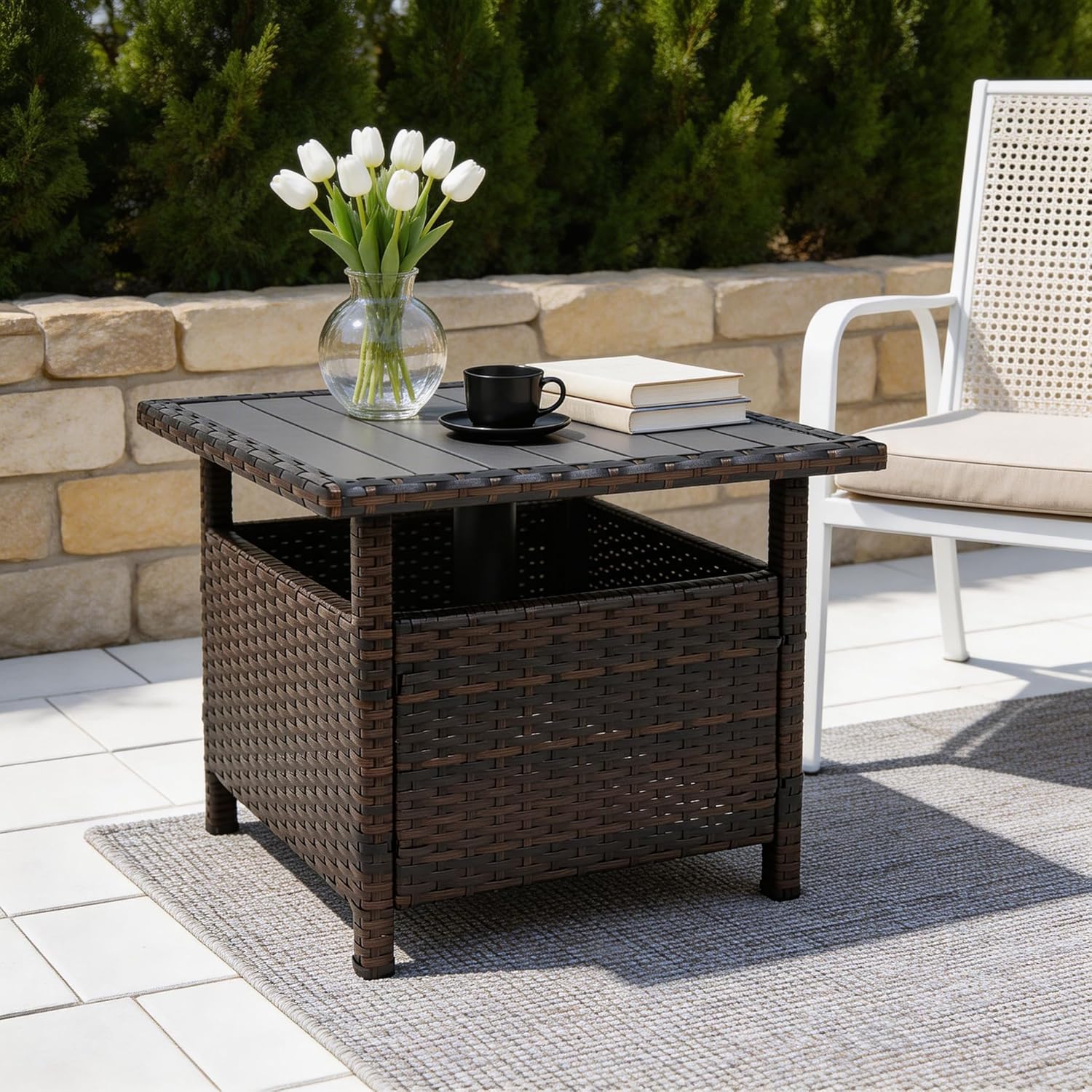Sundale Outdoor Umbrella Stand with 2 Weight Bags, Patio 22 in Wicker Side Table with Umbrella Hole, All Weather Small Rattan Umbrella Base for Deck Yard Poolside Porch, Brown