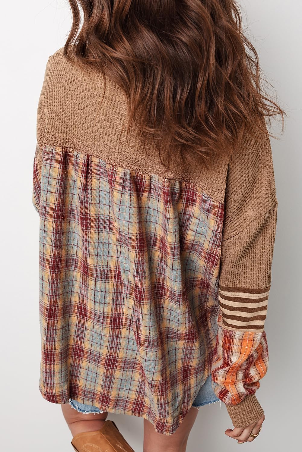 Maketina Womens Stripe Plaid Patchwork Waffle Knit Tops Casual Henley Neck Colorblock Long Sleeve Shirts - Image 2