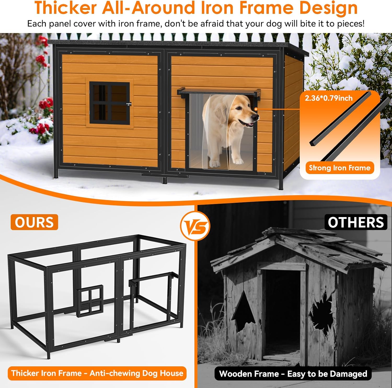 59" Dog House for Outdoor, Extra Large Dog House with Weatherproof Roof, Easy to Install, Anti-Chewing Metal Frame Design for Small Medium Large Breeds Dogs(Brown)