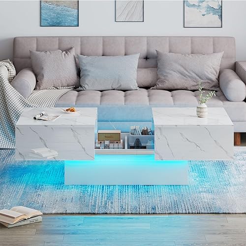 Miniatura 12 de Mesa de centro LED gris con almacenamiento para sala de estar, mesa central rectangular, mesas de centro modernas de madera de alto brillo para